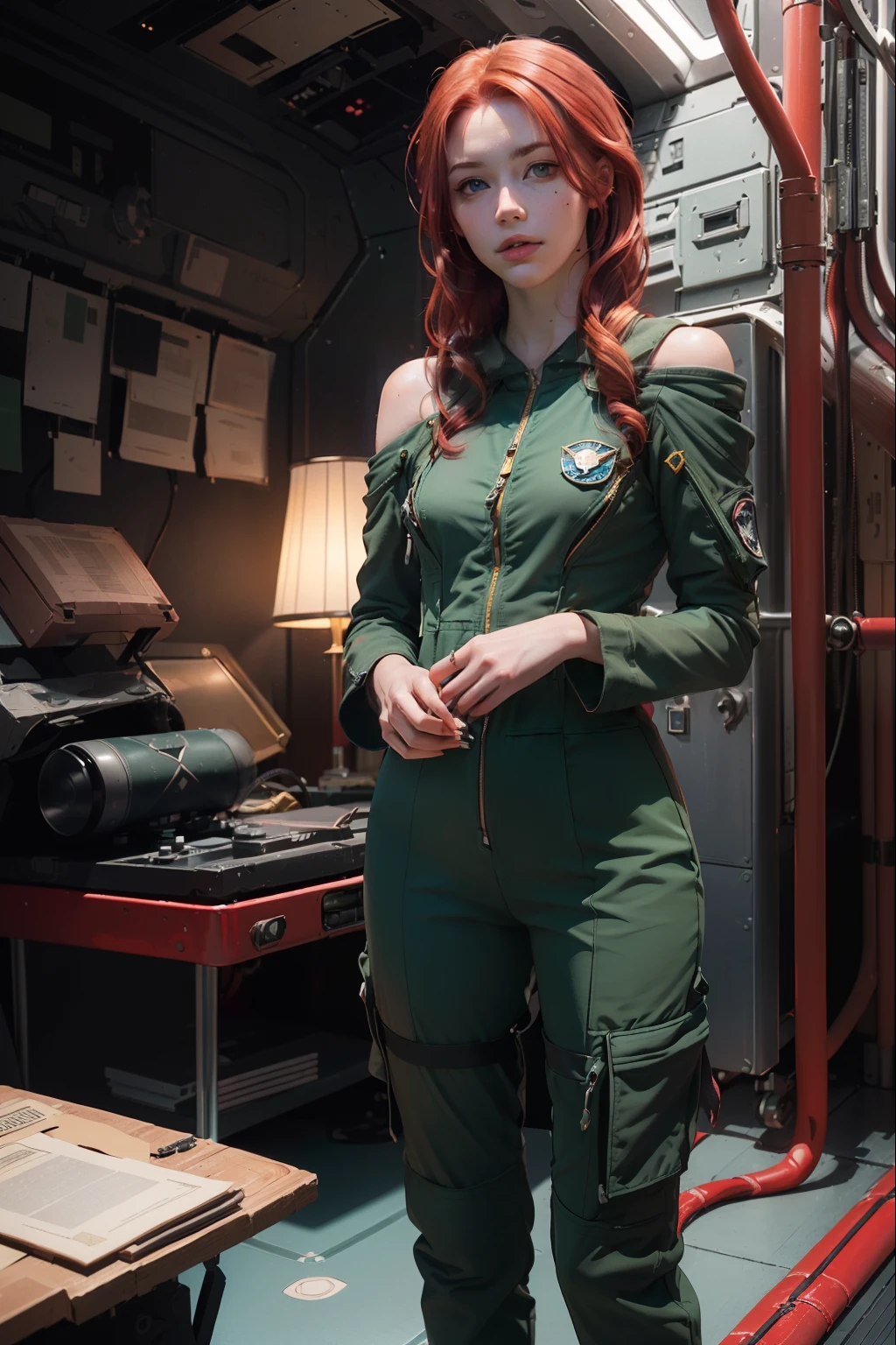((photorealism, high quality, detail)), (the whole body:1.10), (( it costs half a turn:1.10)) science fiction, futuristic setting, Military, (girl pilot of the space fleet), (girl pilot of a spaceship), (slender girl 25 years old, slim figure:1.5, small breasts), attractive appearance, looks at us with seductive eyes, (sly face, mysterious smile), very beautiful, ((red-haired:1.5)) thick curly hair (shoulder length:1.5), blue eyes, ((dark green)) uniform, (((dark green space pilot jumpsuit))), (medals: 1.10), volumetric lighting, Sargent ISO1600 uniform, unreal engin 5, octane rendering, (2D: 1.2), digital painting, artstation, concept art, smooth, clear focus,
