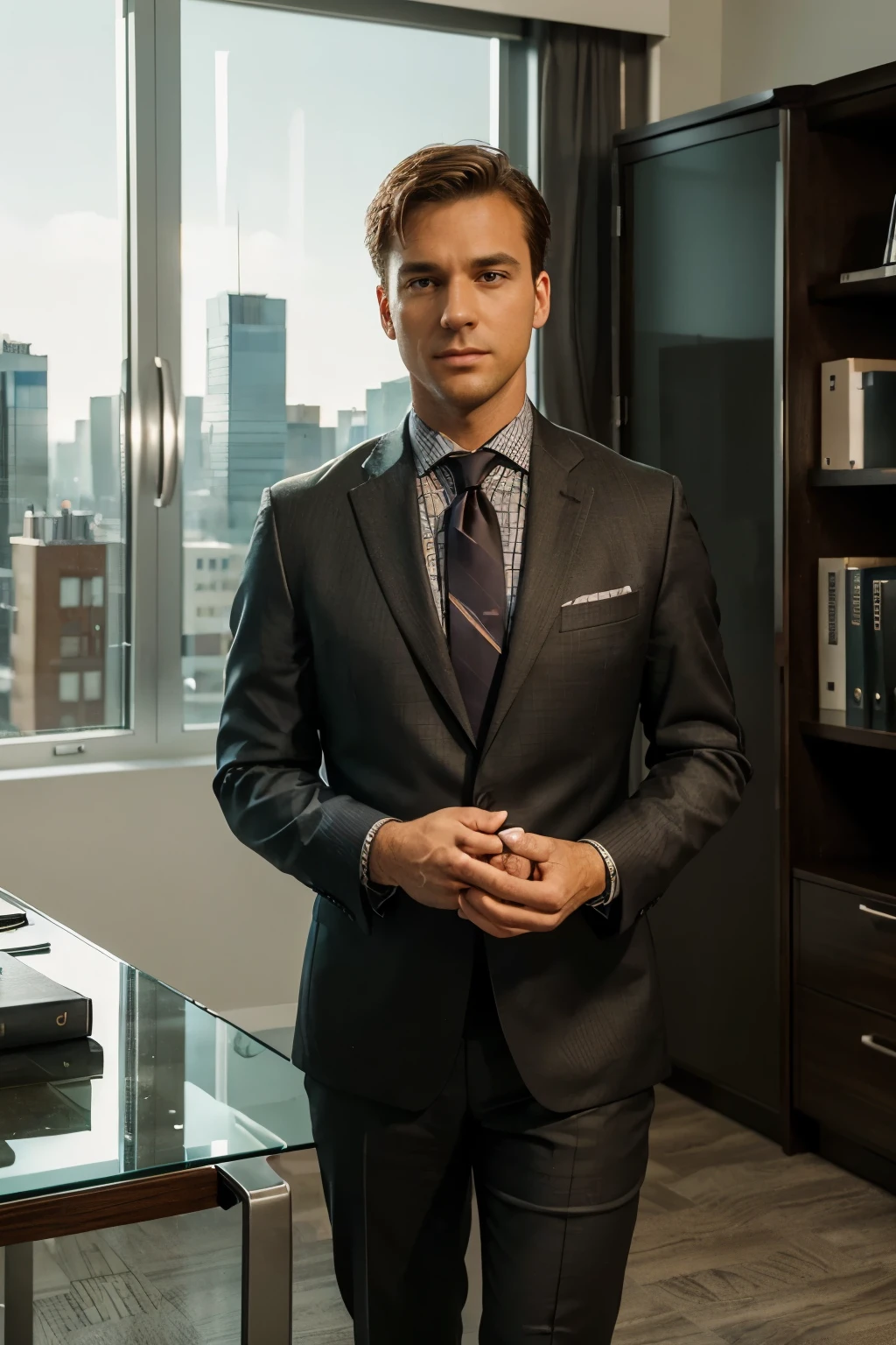 (best quality,ultra-detailed,realistic:1.37),man in suit and tie,office setting,professional,sharp focus,studio lighting,vivid colors,bokeh,handsome detailed face,serious expression,brown hair suit and tie,modern and stylish office,big glass windows,city skyline in the background,computer on desk,laptop,documents on the table,executive desk chair,bookcase with books,frosted glass door,professional setting,confident posture,classic office furniture,sunlight streaming in through the windows,clean and organized workspace,high-res image,masterpiece:1.2