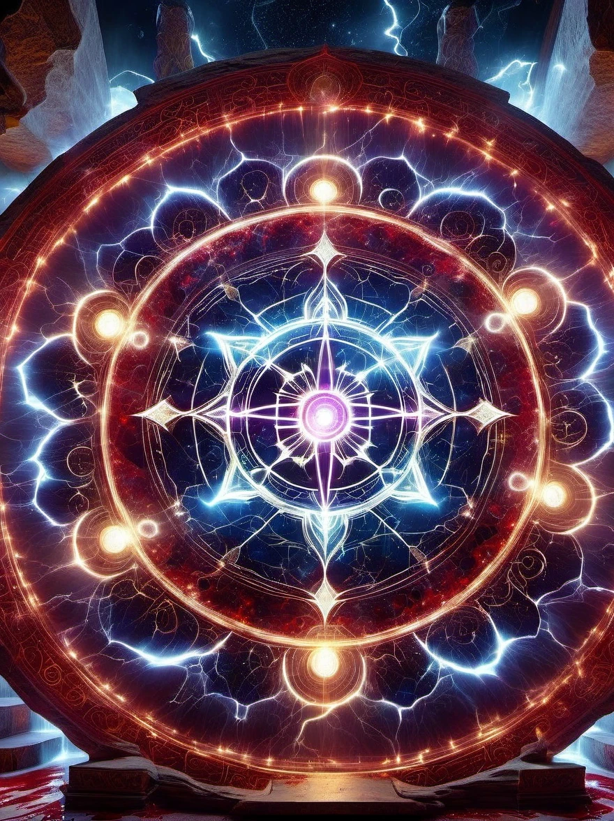 altar,blood spread,Weird round case,blood spatter,Pure cosmic energy transparent magic circle,Disc made of magical energy,The Wheel of Time and Space,aureola,electric wheel,Magically drawn polygons,Epic magic fantasy,Epic surrealism,Epic Thunder Magic,Epic ancient totem,Epic Mystical Magic Light,Epic dark magic,epic gothic style