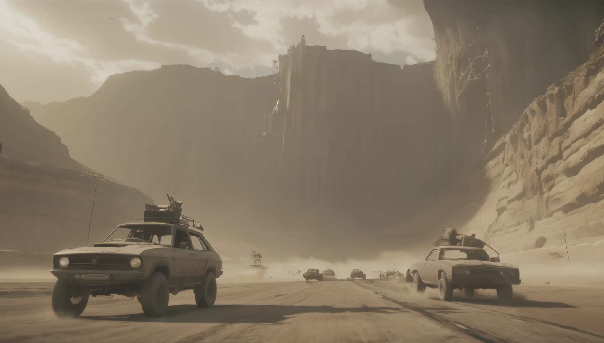 Breathtaking graphics from the Attack on Titan universe, filming epic races on cars from Mad Max against the backdrop of wasteland and canyons near industrial plants , breathtaking scenery, and impressive lighting effects, that create impressive visual experiences.