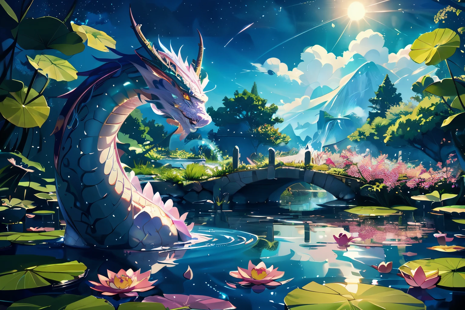 there is a dragon sitting in the water with lily pads, 4k highly detailed digital art, anime art wallpaper 4k, anime art wallpaper 4 k, highly detailed digital painting, digital painting highly detailed, beautiful digital artwork, 4k detailed digital art, beautiful art uhd 4 k, water dragon, epic fantasy digital art style, cute detailed digital art