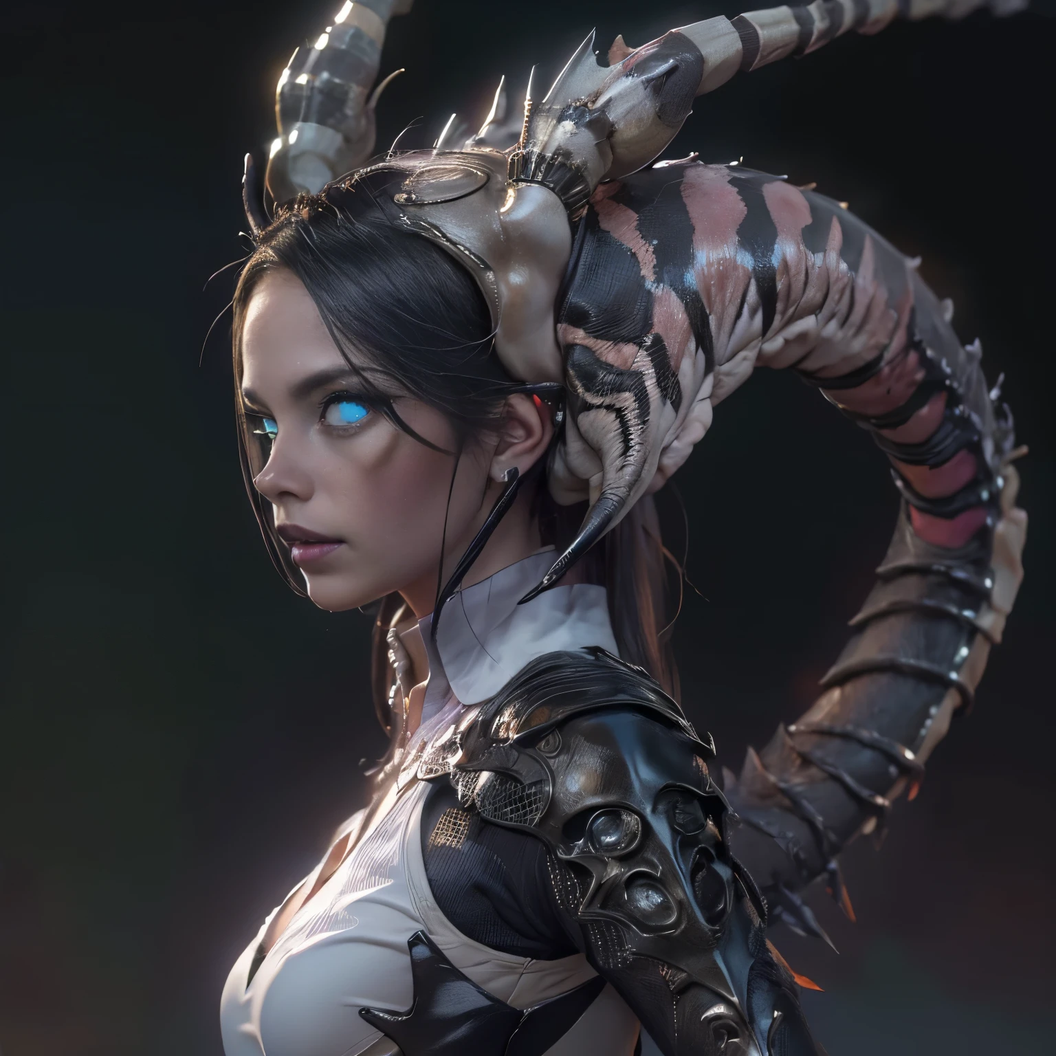 ((Best quality, high-res, ultra-detailed, photorealistic: 1.37)), hybrid human-scorpion female detailed scorpion tail, (beautiful detailed eyes and face of a girl), venomous stingers, powerful humanoid body, menacing presence, dark atmosphere, horror, vivid color scheme, dramatic lighting, humanoid body, beautiful tits, beautiful nipples, (her skin is pale white:1.3), (Her eyes are all black and no pupils:1.5), The queen of Scorpion, Creatures from another dimension, bioluminescence, seductive smile, Her eyes are lowing and burning,