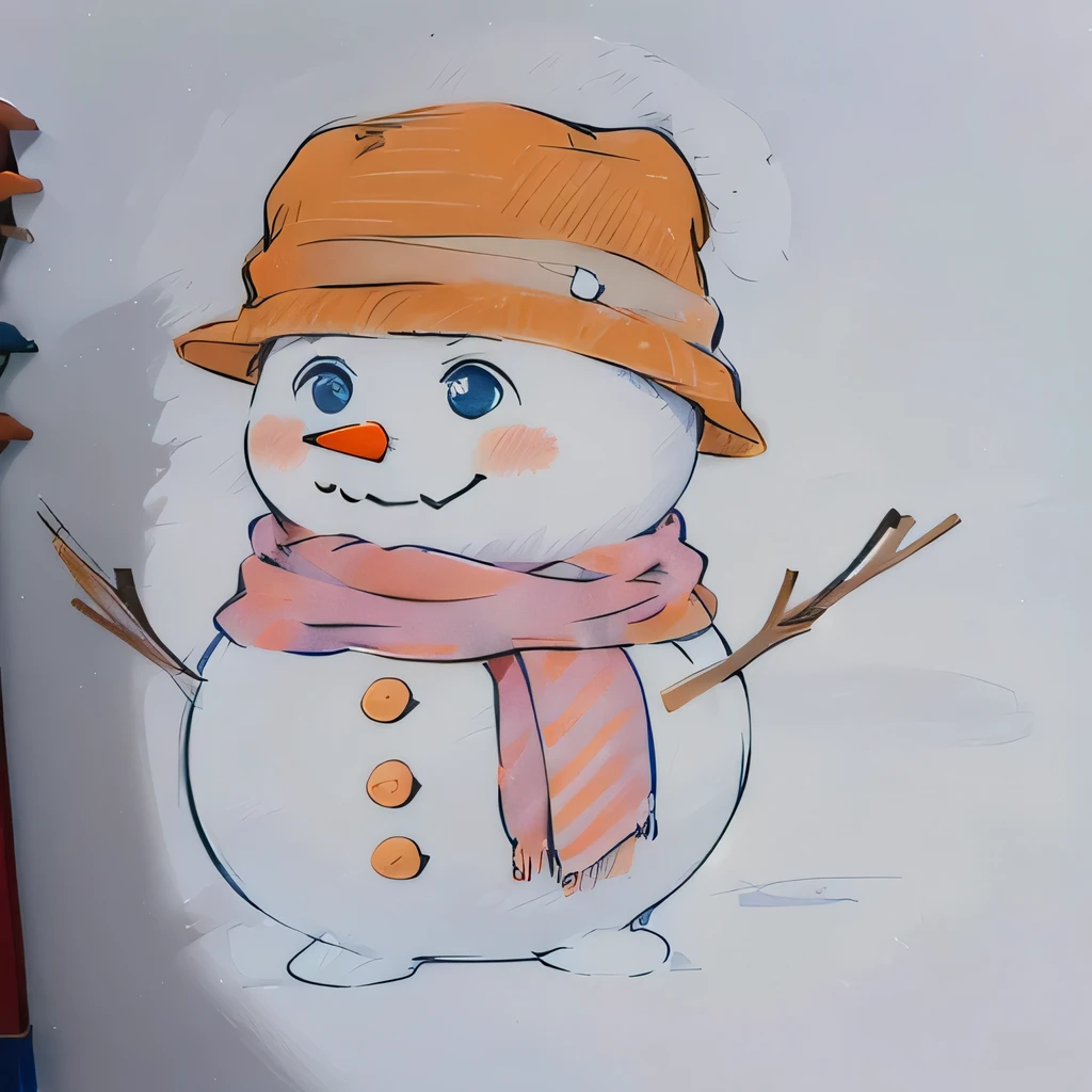 drawing of a snowman with a hat and scarf on, color drawing, a color pencil sketch, water color and pen, colored drawing, full color drawing, colored sketch, drawn with colored pencils, frosty, children's book drawing, inspired by Olaf Gulbransson, illustration!, ???'s drawing, simple drawing, chilly, character with a hat, coloured in blueberra and orange