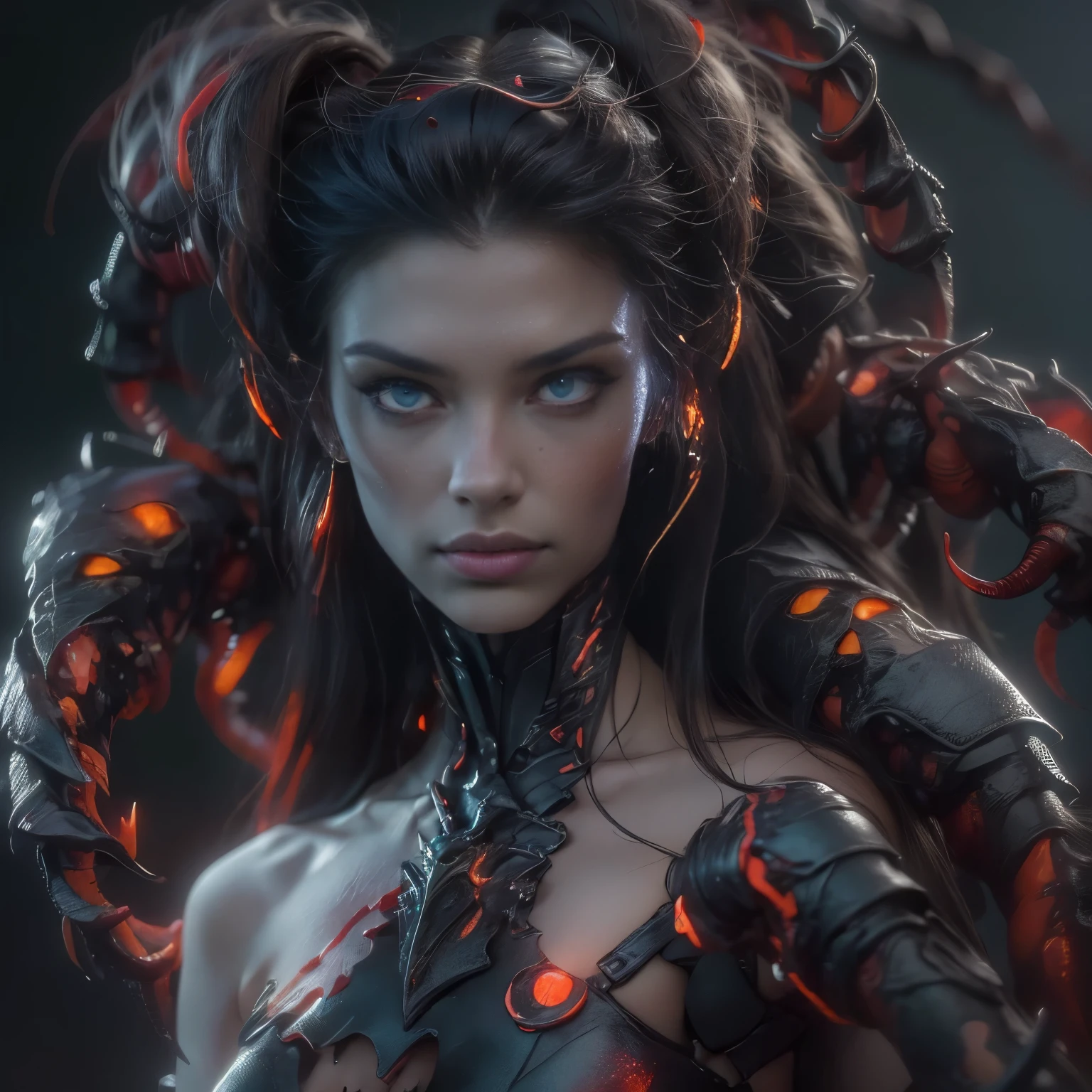((Best quality, high-res, ultra-detailed, photorealistic: 1.37)), hybrid human-scorpion female detailed scorpion tail, (beautiful detailed eyes and face of a girl), venomous stingers, powerful humanoid body, menacing presence, dark atmosphere, horror, vivid color scheme, dramatic lighting, humanoid body, beautiful tits, beautiful nipples, (her skin is pale white:1.3), (Her eyes are all black and no pupils:1.5), The queen of Scorpion, Creatures from another dimension, bioluminescence, seductive smile, Her eyes are lowing and burning,