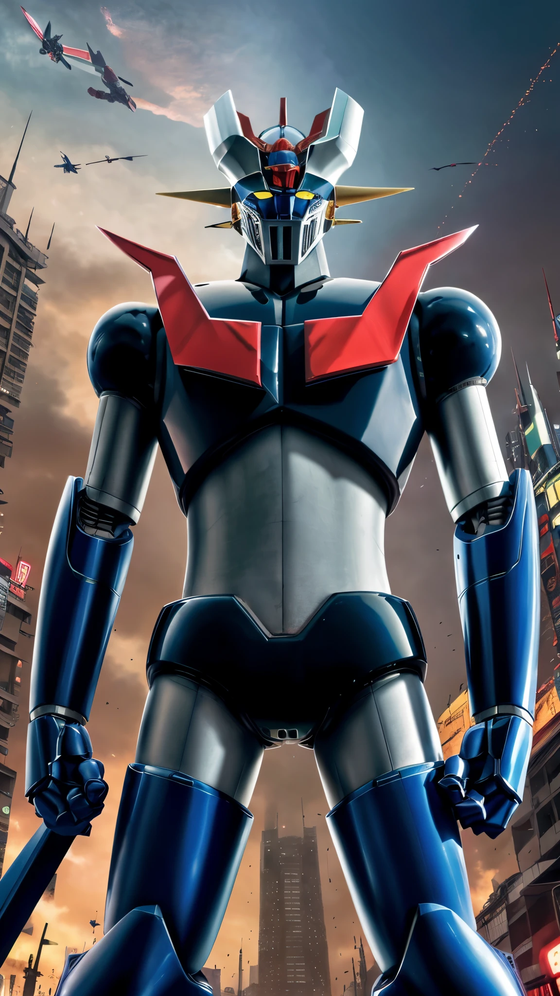 (Obra maestra, Mejor calidad), high resolution, (8K resolution), (ultra detallado),  robot mazinger z destruyendo la ciudad de tokio 