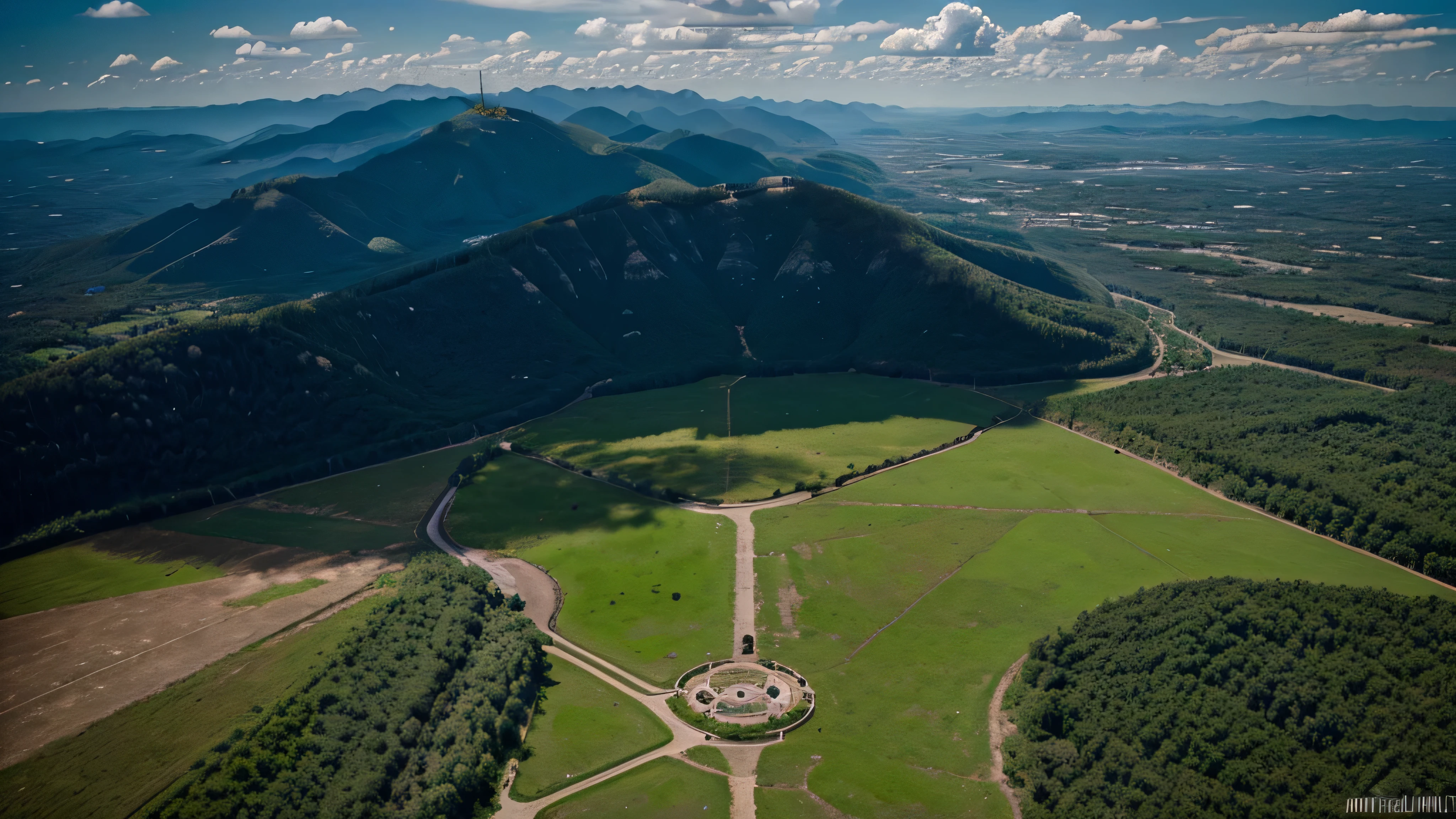 depressed aerial view, Melancholic, muito detalahada, hdr, natureza, montahas, Profundidade, Blue sky, nuvens, Stunning scenes in high definition, Estilo Peter Van Stigt