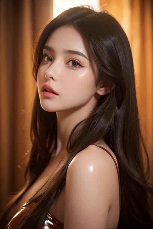 (a girl,beautiful detailed eyes,beautiful detailed lips,extremely detailed eyes and face,long hair,dark brown hair,wearing a sexy latex dress), illustrations,vivid colors,highres,ultra-detailed,physically-based rendering,studio lighting,warm color tone.