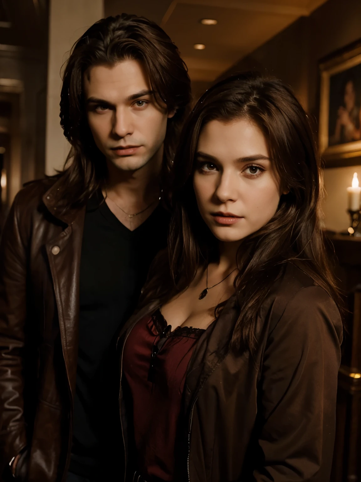 couple, male, female with brown hair, masterpiece, best quality:1.4, vampire vibes, 1girl, 1boy, supernatural background, supernatural costumes