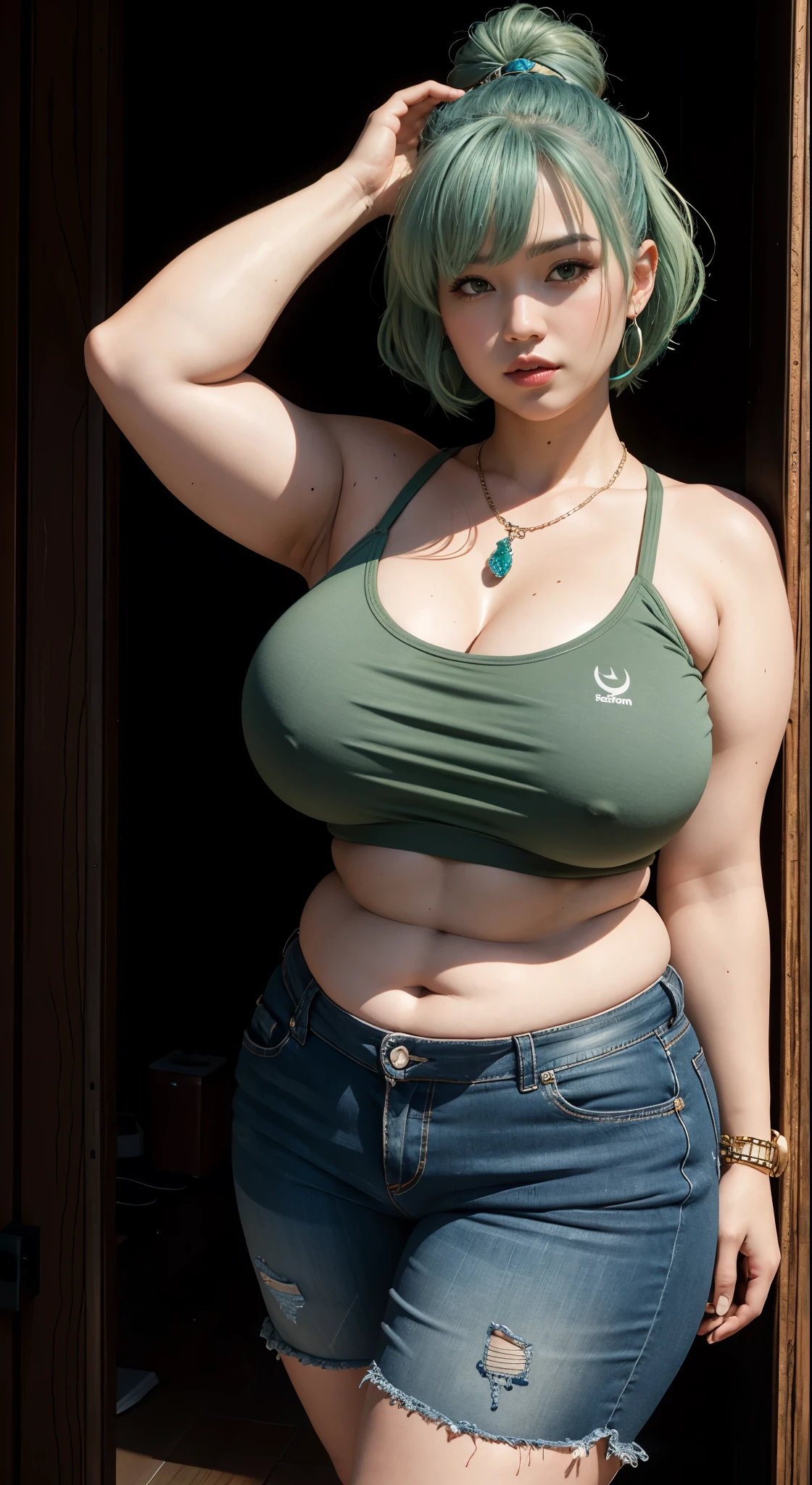photorealistic, high resolution, soft light,1women, solo, wide hips, (detailed face),tattoo, jewelry, , , blue and green hair Color , (closeup), wide angle,, (busty), armpit , Slightly fat belly, large breasts, full body angle, 40 years old woman , thick thighs , thick arms , standing in dark rooms, short pants, wearing a three bracelet, wearing two diamond necklace , wearing a watch, wearing airmax shoes , japanese goddess, wavyshort hairstyle, fat belly, thick fat belly, thick wide hips, thick arm, bbwchan, massive arm, full body, full bracelet