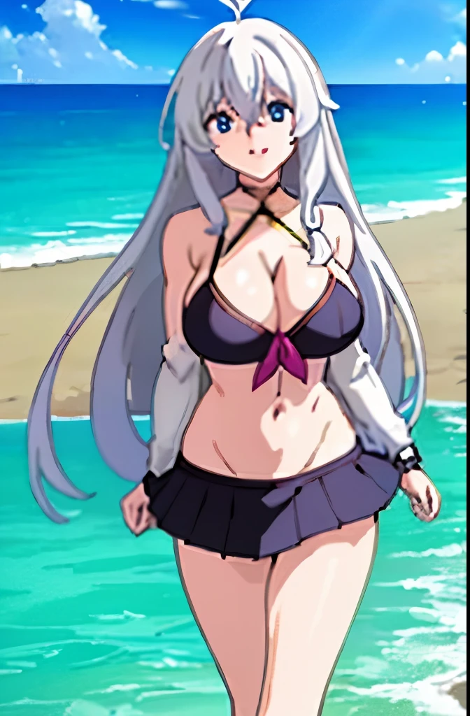elaina,elaina\(long_sleeved_bikini\),elaina\(skirt\), (masterpiece:1.6, best quality), shiny hair, long hair, White hair , blue eyes, detailed eyes, (anime art style), big breast happy, bikini, depth of beach, Looking over your shoulder, Back facing the viewer, perfect hands, ((perfect rear)), sexy hips, Walking on the beach