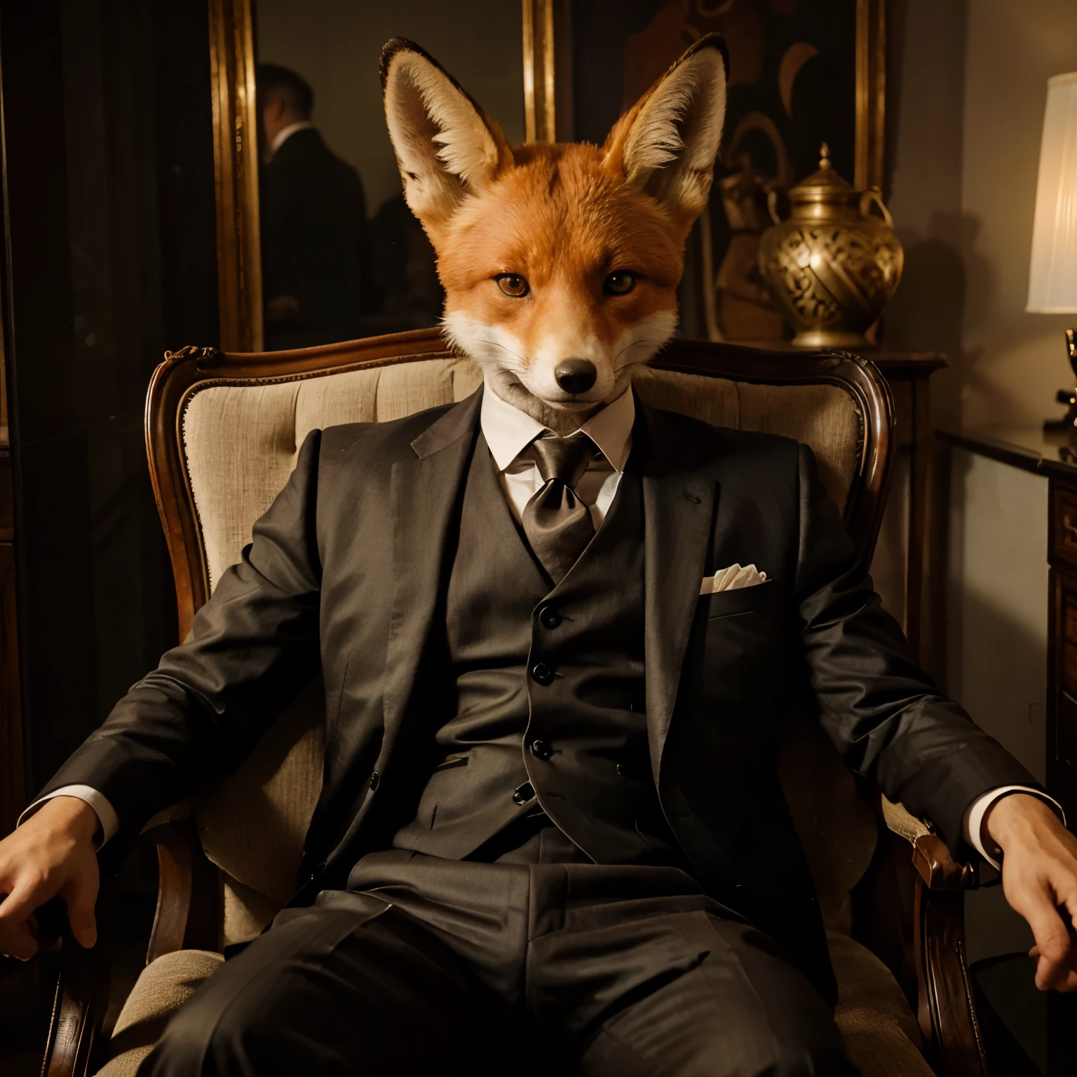 A humanoid fox wearing an elegant antique suit sitting on a chair with a serious expression on his face