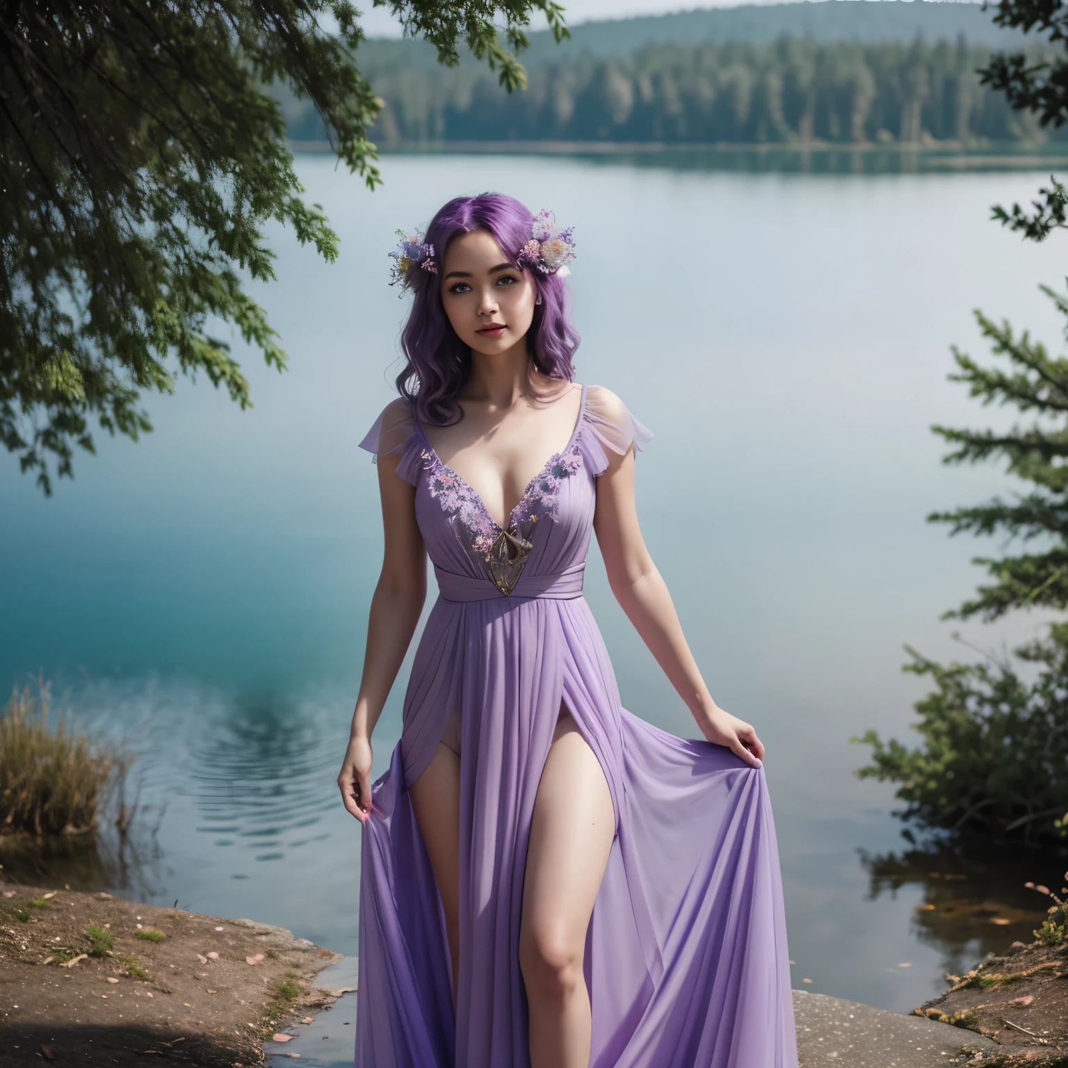 a woman wearing magical pastel violet dress, posing at the lake, canon EOS R6, fairy and mysterious, highly detailed, masterpiece
