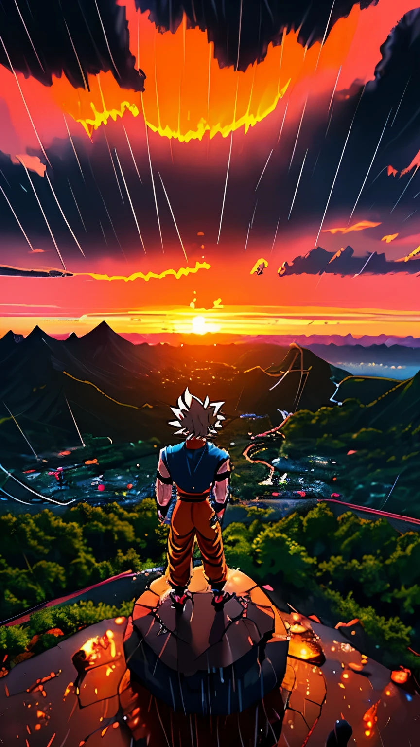 Anime character Goku standing sadly at the top of the mountain, sunset view, raining also. Wide angle shot