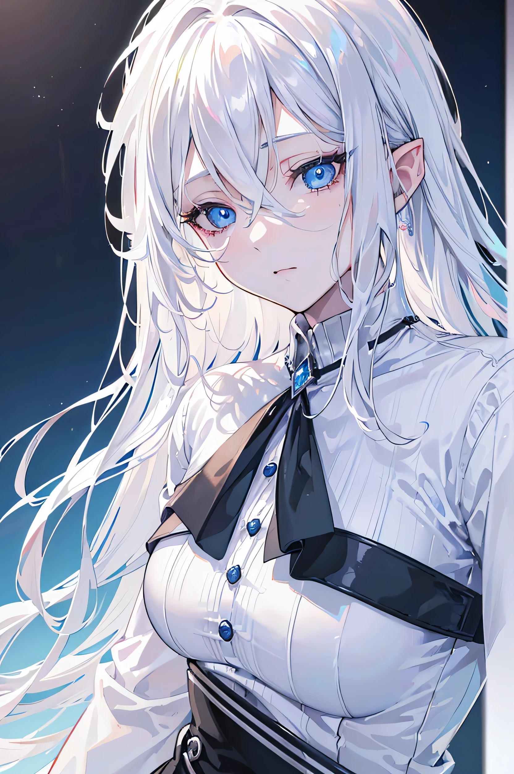 Beaux cheveux blond platine,cheveux longs,yeux bleus,chemise blanche,Mini-shorts noirs,Femme elfe,femme mature,Femme adulte, femme sexy, (best quality,4K,8K,high resolution,chef-d'artwork:1.2),ultra-detailed,(realistic,photorealistic,photo-realistic:1.37),Illustration,Sharpness,professionnel,Couleurs vives,portraits