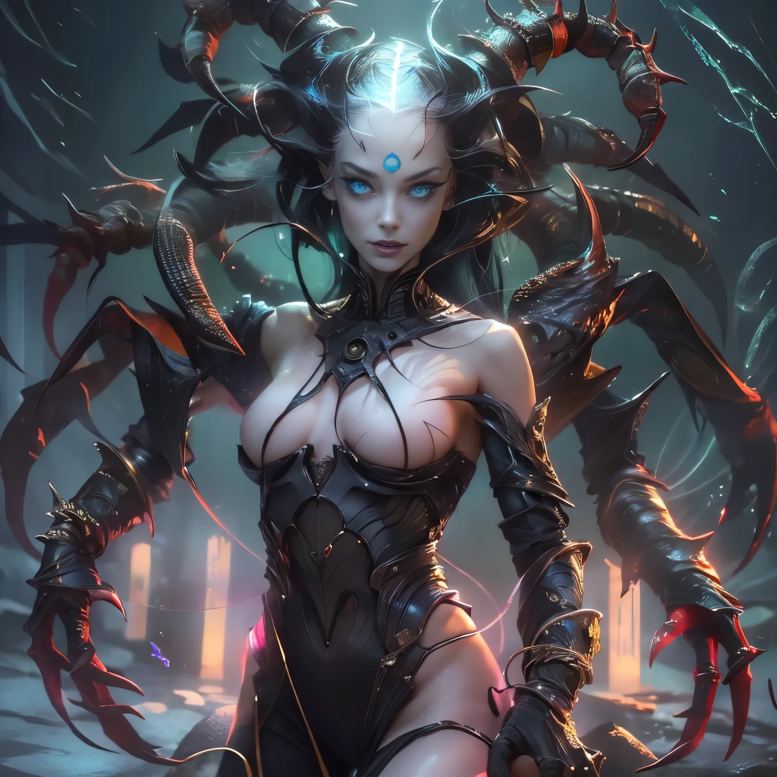((Best quality, high-res, ultra-detailed, photorealistic: 1.37)), hybrid human-scorpion female detailed scorpion tail, (beautiful detailed eyes and face of a girl), venomous stingers, powerful humanoid body, menacing presence, dark atmosphere, horror, vivid color scheme, dramatic lighting, humanoid body, beautiful tits, beautiful nipples, (her skin is pale white:1.3), (Her eyes are all black and no pupils:1.5), The queen of Scorpion, Creatures from another dimension, bioluminescence, seductive smile, Her eyes are lowing and burning,