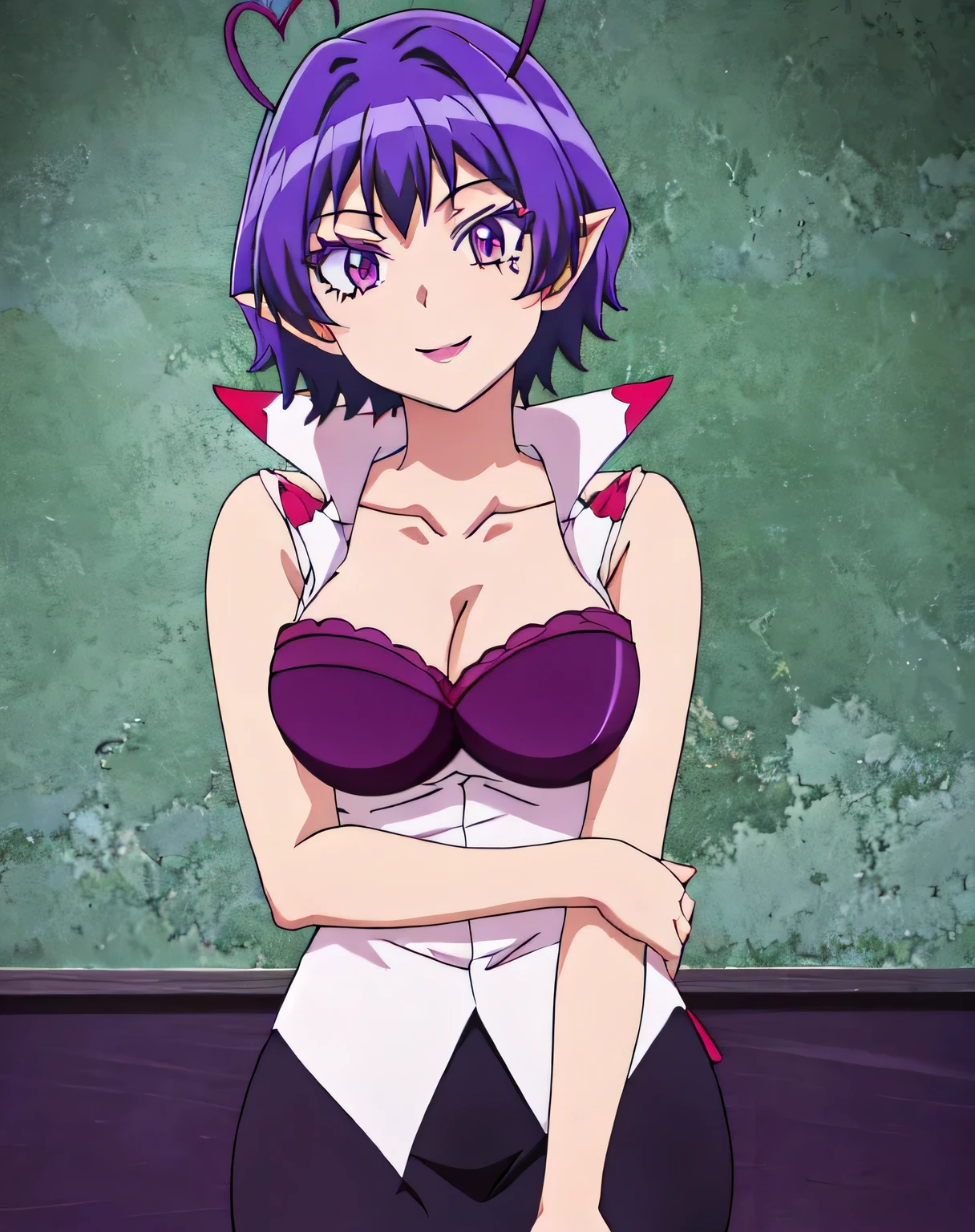 RAIMDEMONSCHOOL, 1GIRL, SOLO, SHORT HAIR, LARGE BREASTS, CLEAVAGE, PURPLE EYES, COLLARBONE, PURPLE HAIR, SLEEVELESS, POINTY EARS, PURPLE BRA, MAKEUP, PURPLE BRA, HEART AHOGE, PURPLE HAIR, MINISKIRT, DEMON TAIL, LACE TRIM, PENCIL SKIRT, upper body, facing viewer, (looking at viewer:1.5), in the center, smile,