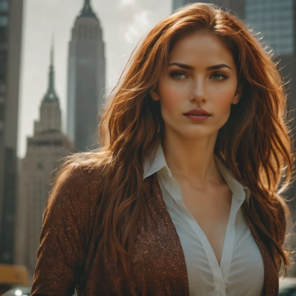  A 21-year-old Indo-American woman with reddish-brown hair in modern Western attire, standing in a bustling New York City street, surrounded by tall glass skyscrapers reflecting the sunlight, her expression filled with determination and ambition, Photography, DSLR camera, 50mm lens, f/2.8 aperture, --ar 16:9 --v 5
