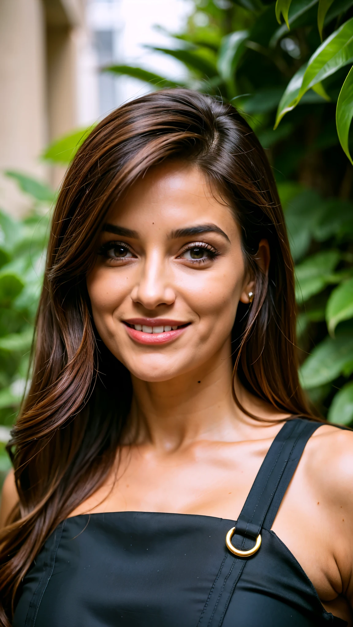 1 mulher adulta, cabelo comprido, cabelo cacheado, cabelo cor preto, pele suave, olhos castanhos, sorrir, vegetation, Occasional, Businesswoman style clothes, blaser marrom claro, realista, com fundo em um restaurante chique, 8k super realista, super detalhado e realista