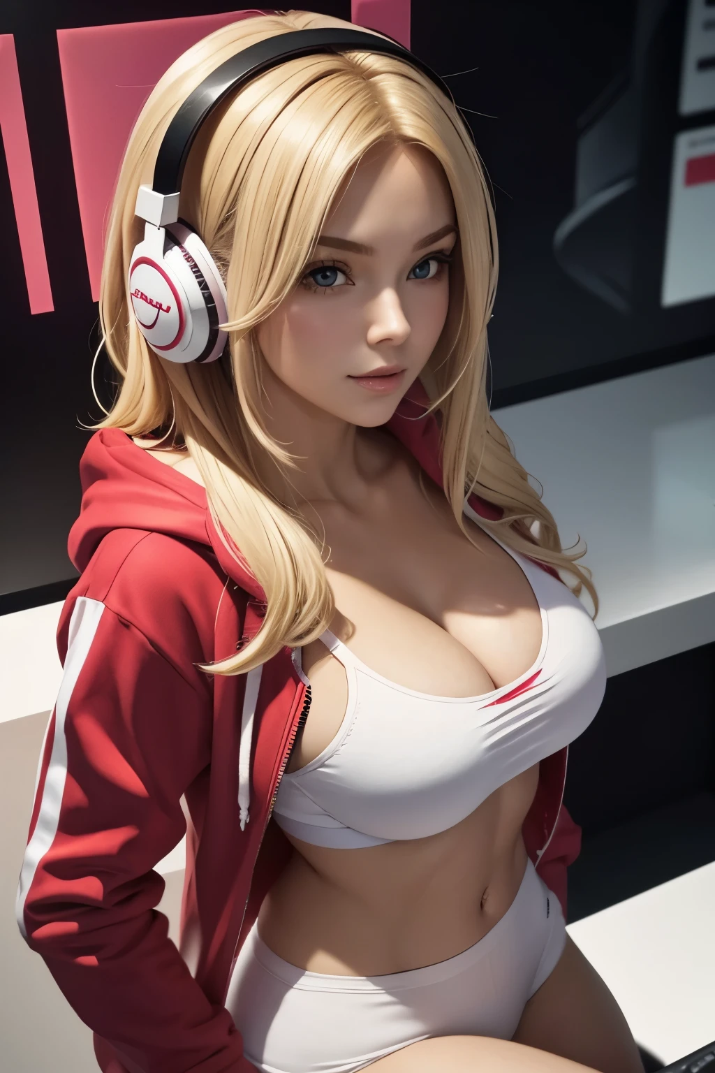 blonde gamer girl leaning into the camera, photo from front above, red hoodie, large white gamer headphones, medium breasts, skintight white top:1.2, cleavage, pink bra:1.2, looking at viewer, soft colors, cinematic lighting, perfect anatomy:1.2, round breasts:1.2, well-organized, neat:1.2, perfect proportions,