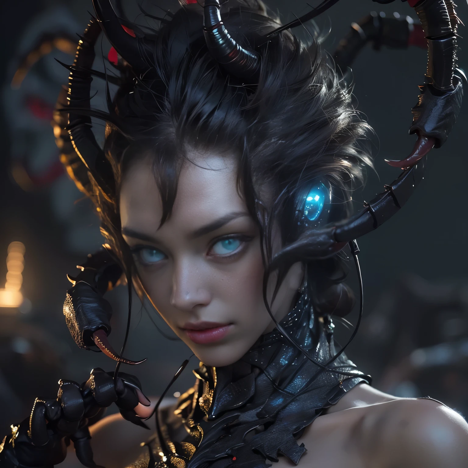 ((highest quality, High resolution, super detailed, realistic: 1.37)), Detailed scorpion tail of a hybrid human-scorpion female, (Beautiful detailed eyes and girl&#39;s face), Poison needle, powerful humanoid body, a threatening presence, dark atmosphere, horror, Vibrant color scheme, dramatic lighting, humanoid body, beautiful breasts, beautiful nipples, (Her skin is pale:1.3), (Her eyes are black and have no pupils.:1.5), queen of scorpions, Creatures from another dimension, bioluminescence, enchanting smile, her eyes are lowered and burning,