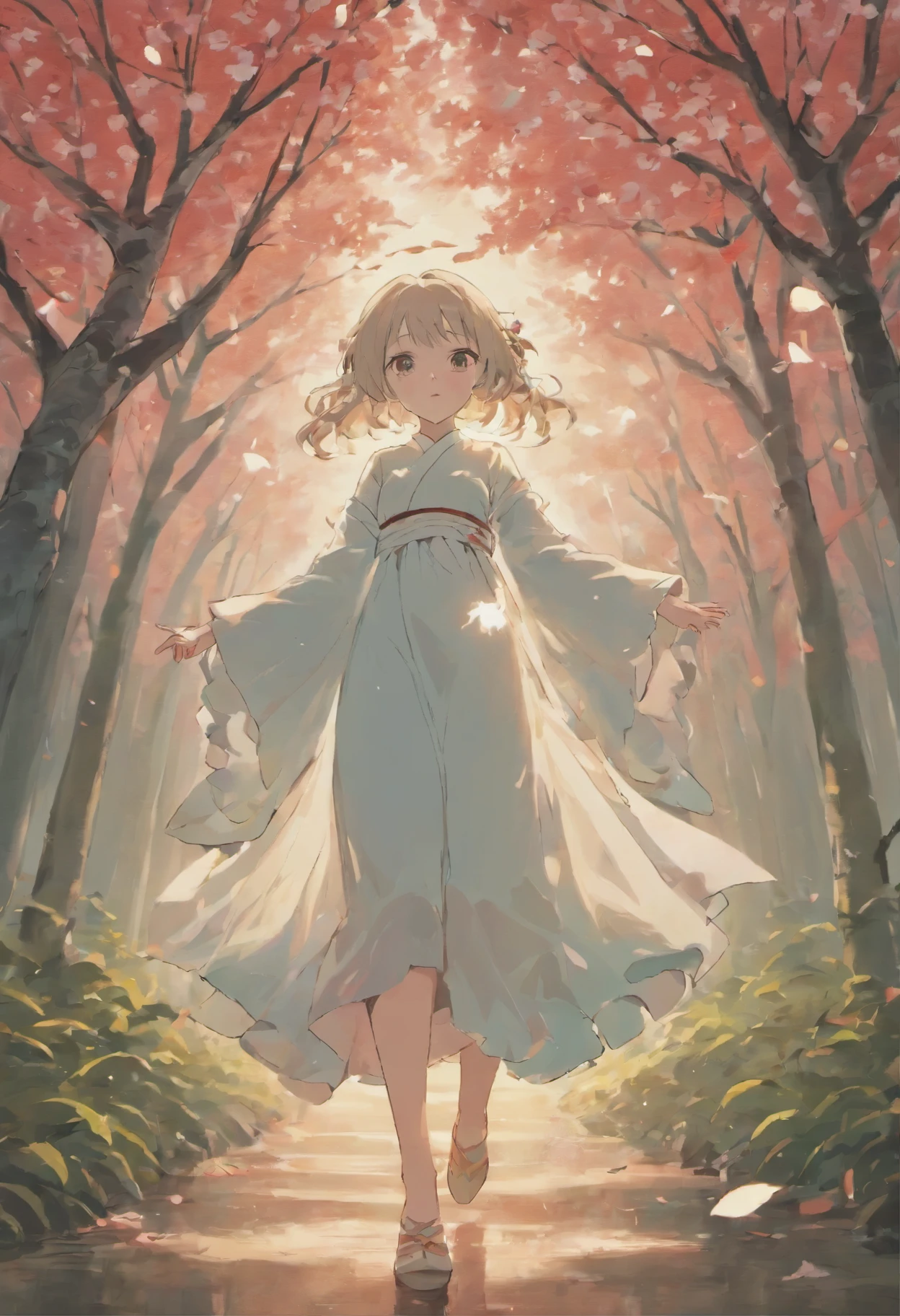Ghost women, willow trees, moonlight or faint lights, pale red cherry petals, traditional Japanese style, ethereal white tones