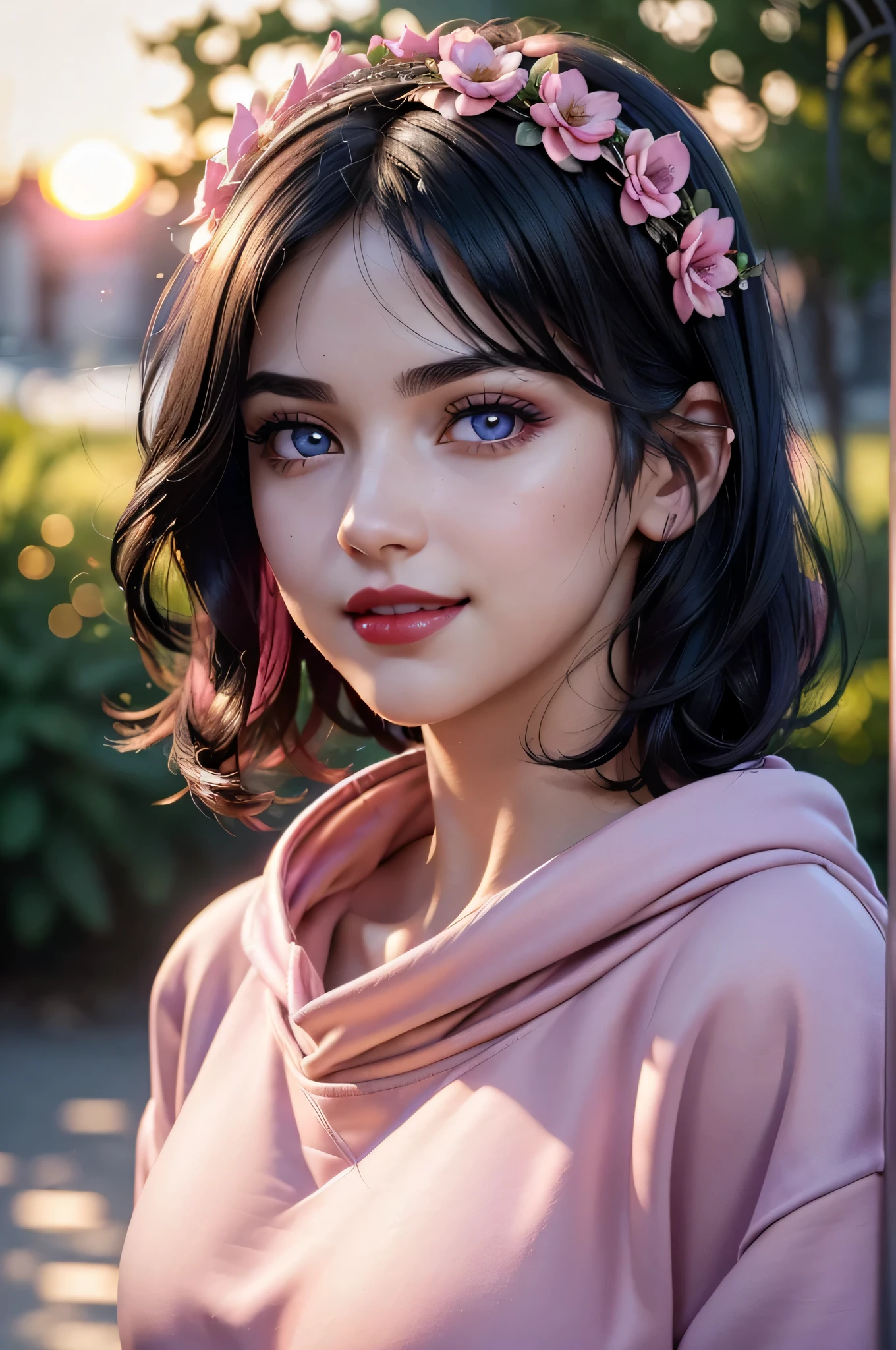 Beautiful , gothic, pale white skin, short hair, (((short and wavy dark black hair, with red hightlights))), (((light violet detailed eyes))), double eyelid, long eyelashes, thick dark eyebrows, (((tiny small nose))), (((big full red lips))), deeply blushing, cheek freckle, perfect straight white teeth, perfect body figure, (((very big and lifted bust))), sexy, gorgeous, charismatic, super cute, stunning, smiling, laughing, happy, in love, shy, (((wearing a casual pink sweatshirt))), and a flower crown, date in the park setting. Soft sunlight, realistic light and shadows. Extremely detailed face, super detailed skin texture, detailed, super detailed eyes, vivid colors, colorful, ultrahigh res, award winning, cinematic lighting, octane render unreal engine, volumetrics dtx, (film grain, blurry background, blurry foreground, bokeh, depth of field, sunset, motion blur:1.3) (photorealistic:1.4), UHD, sharp focus, hyper-realistic, high quality, 4k