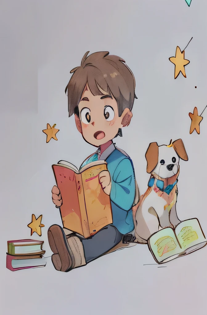 drawing of a boy reading a book with a dog and stars, children's book drawing, inspired by Jessie Newbery, by Martina Krupičková, children\'s book drawing, childrenbook illustration, book portrait, by Maksimilijan Vanka, traditional art, kids book illustration, children's book illustration, children’s book illustration