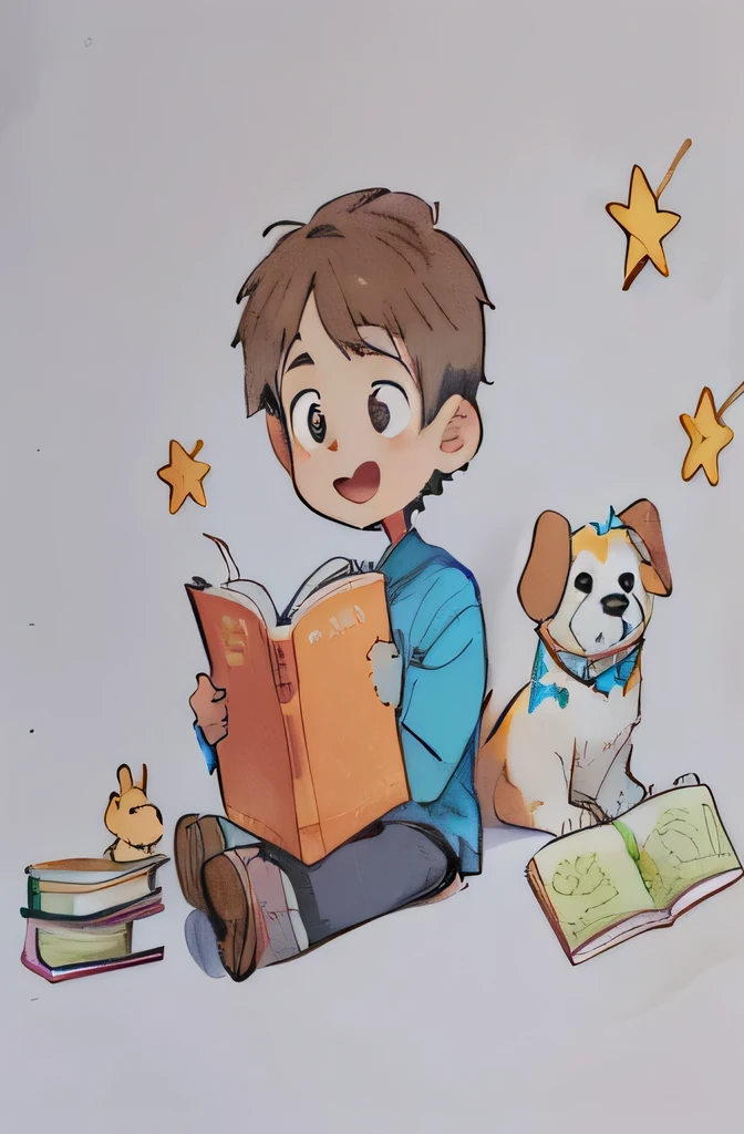 drawing of a boy reading a book with a dog and stars, children's book drawing, inspired by Jessie Newbery, by Martina Krupičková, children\'s book drawing, childrenbook illustration, book portrait, by Maksimilijan Vanka, traditional art, kids book illustration, children's book illustration, children’s book illustration