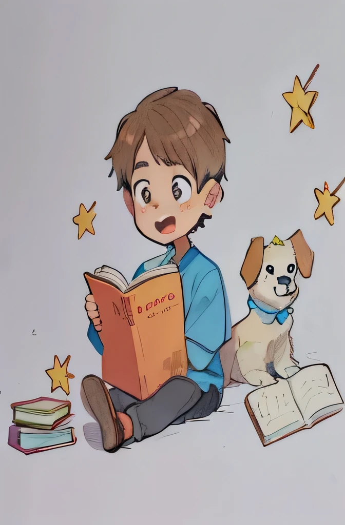 drawing of a boy reading a book with a dog and stars, children's book drawing, inspired by Jessie Newbery, by Martina Krupičková, children\'s book drawing, childrenbook illustration, book portrait, by Maksimilijan Vanka, traditional art, kids book illustration, children's book illustration, children’s book illustration