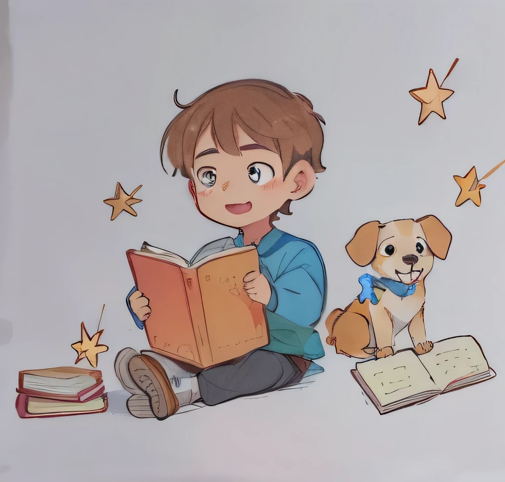 drawing of a boy reading a book with a dog and stars, children's book drawing, inspired by Jessie Newbery, by Martina Krupičková, children\'s book drawing, childrenbook illustration, book portrait, by Maksimilijan Vanka, traditional art, kids book illustration, children's book illustration, children’s book illustration
