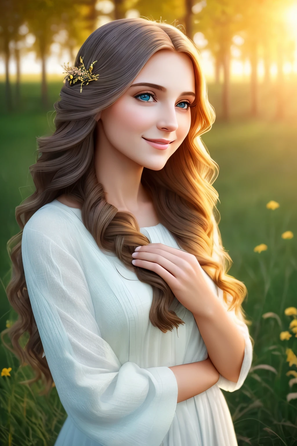 Masterpiece image: A beautiful woman with a gentle smile, portrayed as God's handiwork. Created in exquisite detail in Christ Jesus, with intricate features designed to do good works. Her image, prepared in advance by God, is captured in stunning 8k quality, with ultra-high resolution and lifelike realism (realism: 1.4). Her skin texture displays a natural, radiant glow, with a hint of warm colors (Warm Color: 1.1). Her hair cascades softly around her face, and her eyes sparkle with a bright, heavenly light. Surrounded by the serene beauty of nature, she stands hand in hand with Christ Jesus,