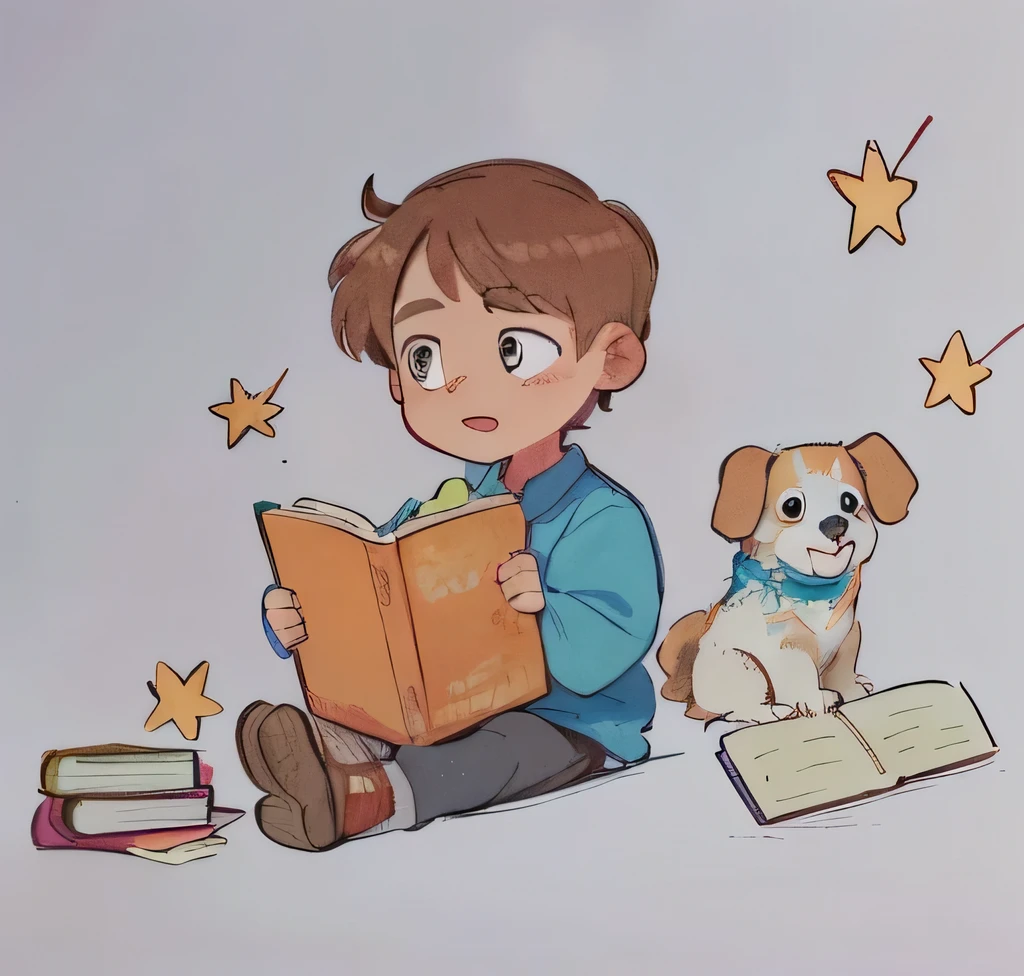 drawing of a boy reading a book with a dog and stars, children's book drawing, inspired by Jessie Newbery, by Martina Krupičková, children\'s book drawing, childrenbook illustration, book portrait, by Maksimilijan Vanka, traditional art, kids book illustration, children's book illustration, children’s book illustration
