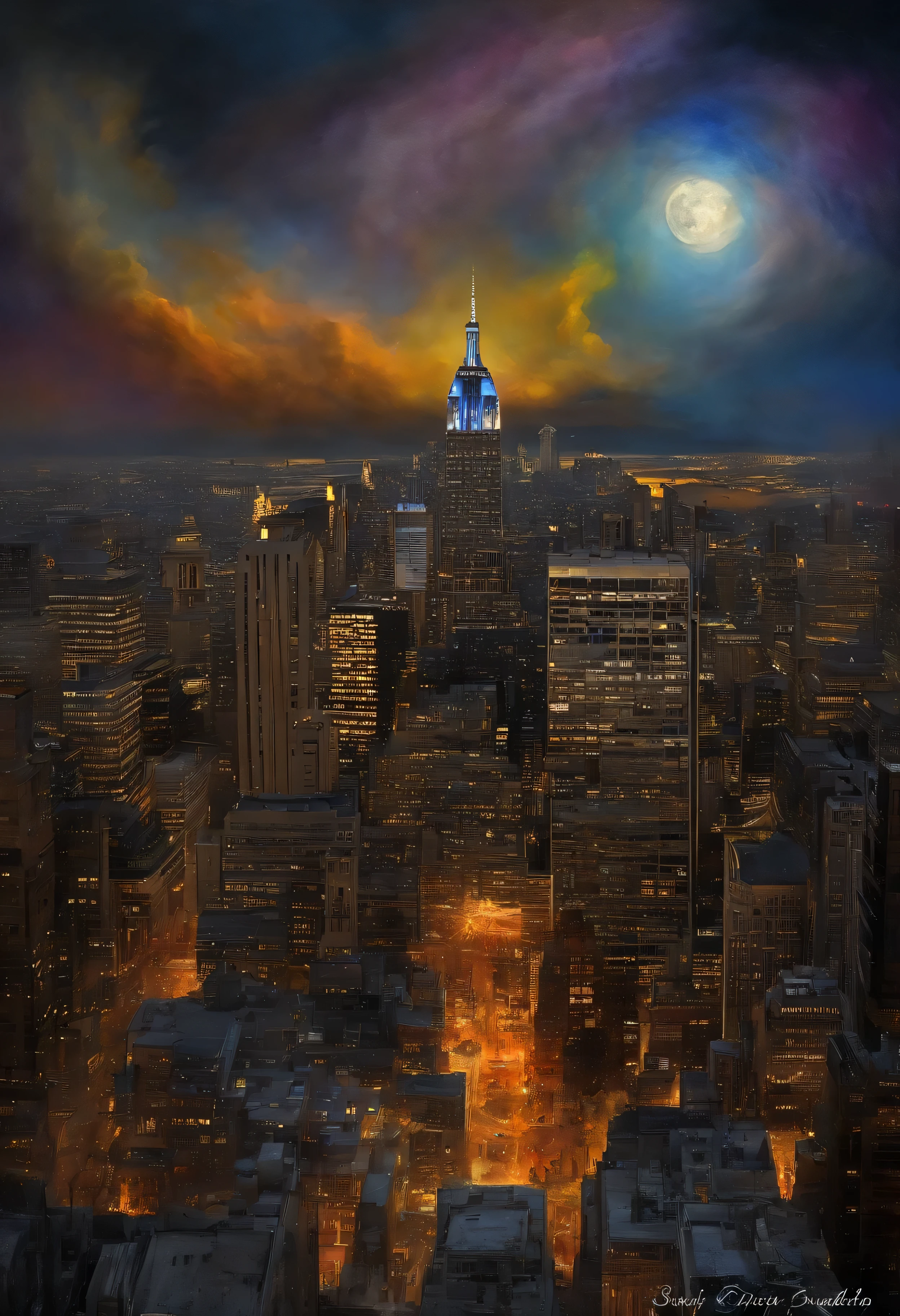 (Mejor calidad,4k,8K,high resolution,Obra maestra:1.2),ultra detallado,(realista,photorealista,photo-realista:1.37),misterioso,afilado,Inspirado en Van Gogh,ethereal,noche estrellada,edificio Rockefeller destrozado,siniestro,colores vibrantes,Textura de trazo de pincel,profundidad,Moonlit atmosphere,detalles intrincados,obsesionante,inolvidable,but melancholic,perspectiva retorcida,inquietante,confundido