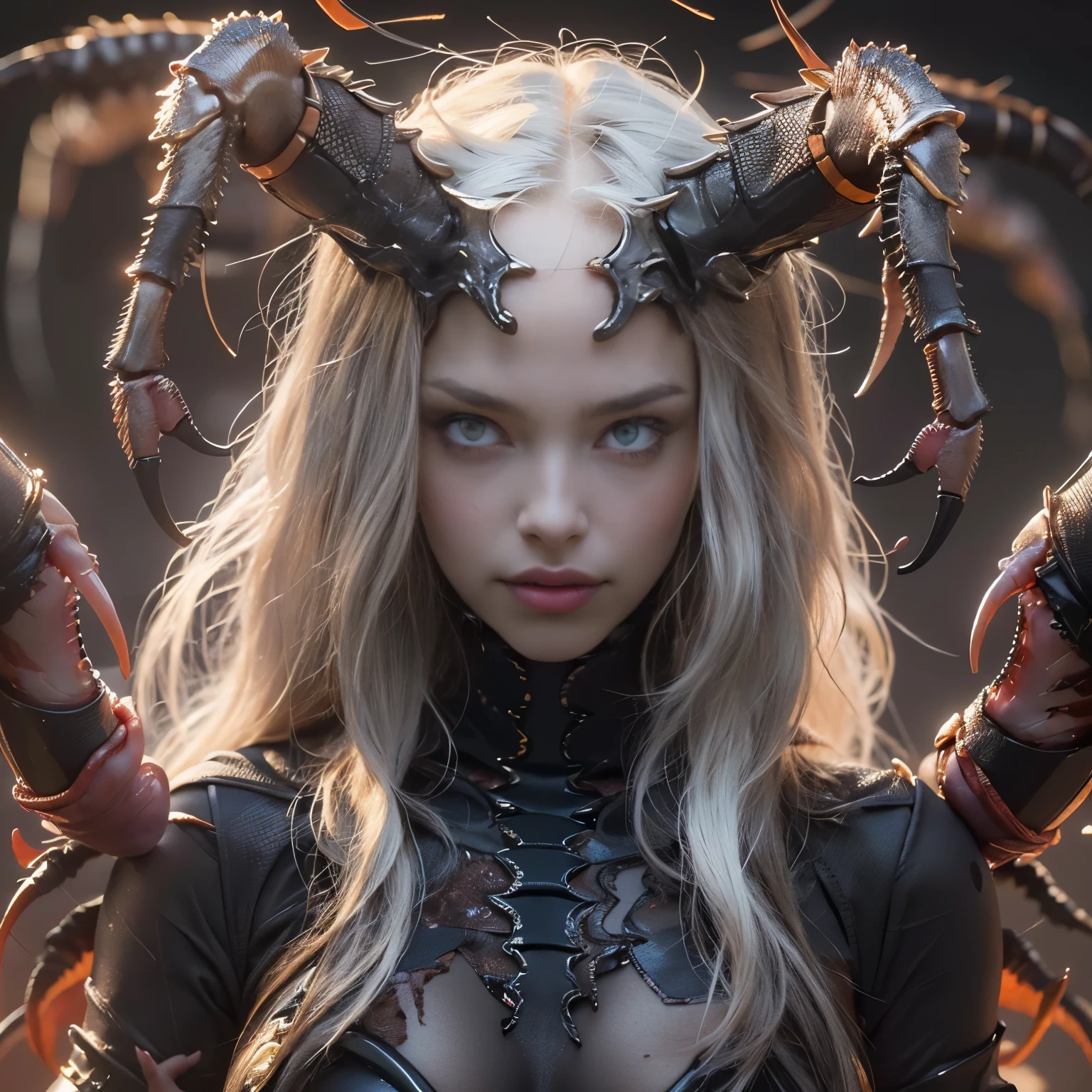 ((Best quality, high-res, ultra-detailed, photorealistic: 1.37)), hybrid human-scorpion female detailed scorpion tail, (beautiful detailed eyes and face of a girl), venomous stingers, powerful humanoid body, menacing presence, dark atmosphere, horror, vivid color scheme, dramatic lighting, humanoid body, beautiful tits, beautiful nipples, (her skin is pale white:1.3), (Her eyes are all black and no pupils:1.5), The queen of Scorpion, Creatures from another dimension, bioluminescence, seductive smile, Her eyes are lowing and burning,