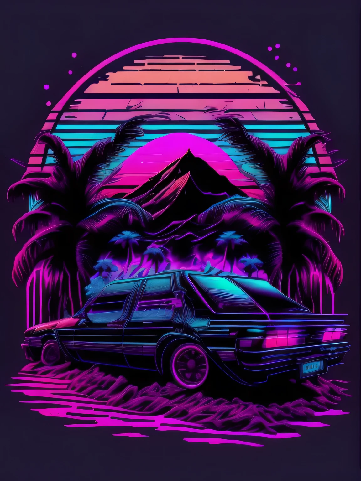 (highest quality,4k,8k,High resolution,masterpiece:1.2),super detailed,(realistic,photorealistic,photo-realistic:1.37),vaporwave sunset, neon gradient, smooth lines, intricate Vector Sticker Art, Vector Core, black t-shirt design, Hearse Here are the stable diffusion prompts I generated for you:：hearse in front of the sunset, vaporwave style, neon style, smooth lines, Vector Sticker Art, Vector Core, intricate details, black t-shirt design, 8k