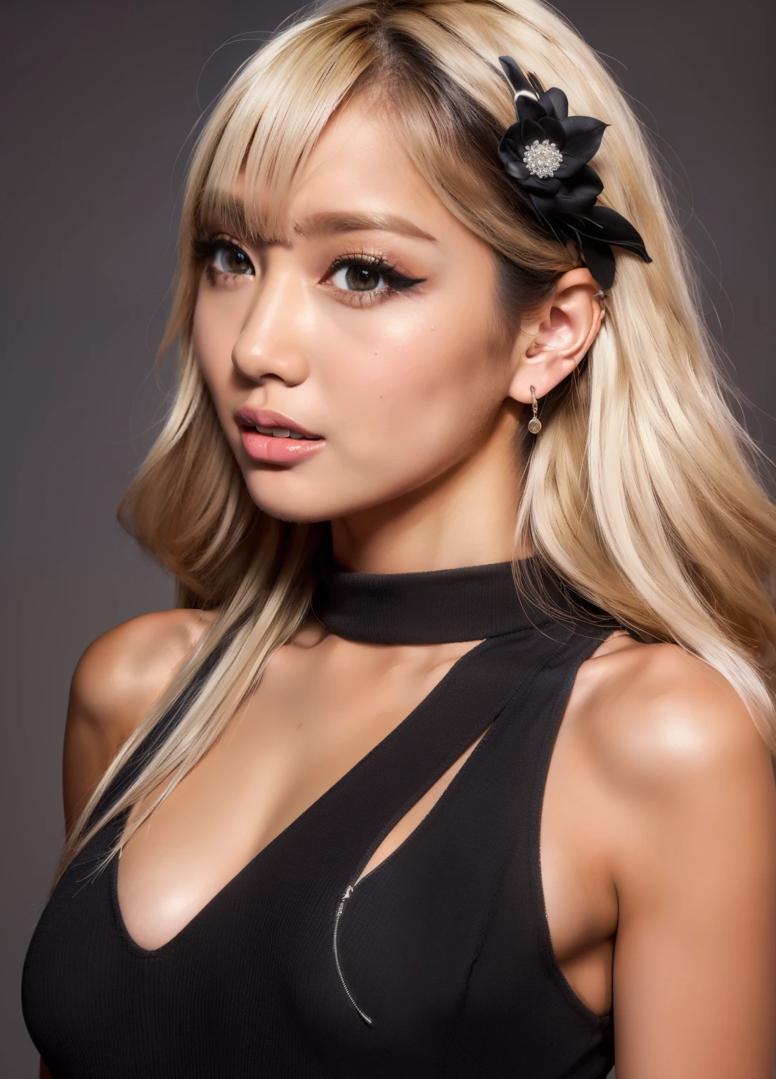 masterpiece,highest quality,ultra highres、8k、Asian,(brown race),black skin,blonde hair,1 girl、profile:1.3、Cracking up:1.5、Avant-garde makeup、Fashion Model Outfit、open mouth
