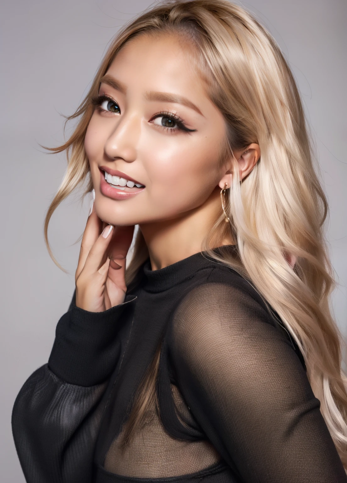 korean girl with hair bangs, thick body, thigh thighs, tall, thick body, cute face, pretty face, skirt, cute top, outside on a street in LA, skin pores, skin indentation, detailed face, best shadows, best lighting, cinematic lighting,