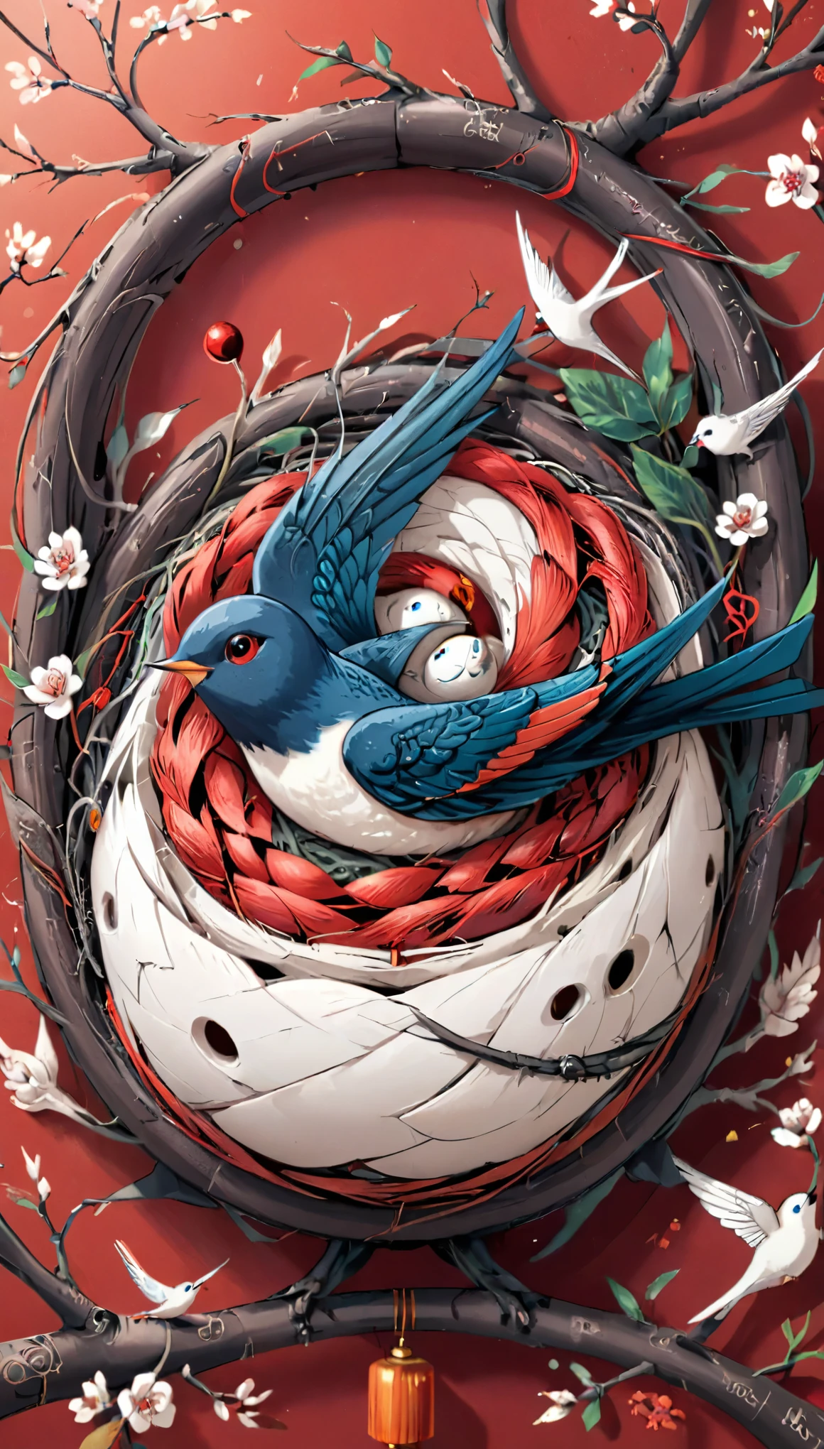 Chinese style Nest, swallow, year 2024, zentagle, cinematic, red theme, (best quality, masterpiece, Representative work, official art, Professional, 8k)