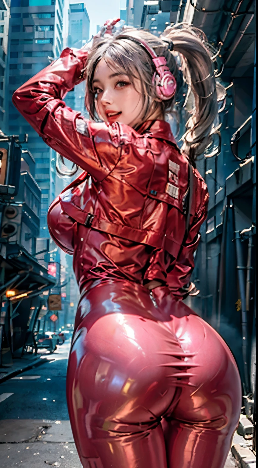 photorealistic, high resolution, 1women, shining skin, solo, jewelry, pink lips, long hair, blue eyes, closed mouth, hips up, animal ear headphones, arms up, bangs, blush, bodysuit, breasts, (great butt), back view, bunny pose, clothes writing, covered navel, cowboy shot, cropped jacket, gloves, (((cyberpunk city streets background))), (motion blur, depth of field), hair intakes, headphones, impossible bodysuit, impossible clothes, jacket, large breasts, latex, latex bodysuit, long hair, long sleeves, looking at viewer, large breasts, multicolored gloves, open mouth, pink bodysuit, pink eyes, red jacket, shiny clothes, shrug \(clothing\), sidelocks, skin tight, smile, thigh gap, thighs, twintails, very long hair, white gloves, white hair,alice \(nikke\),(shiny skin),realistic.