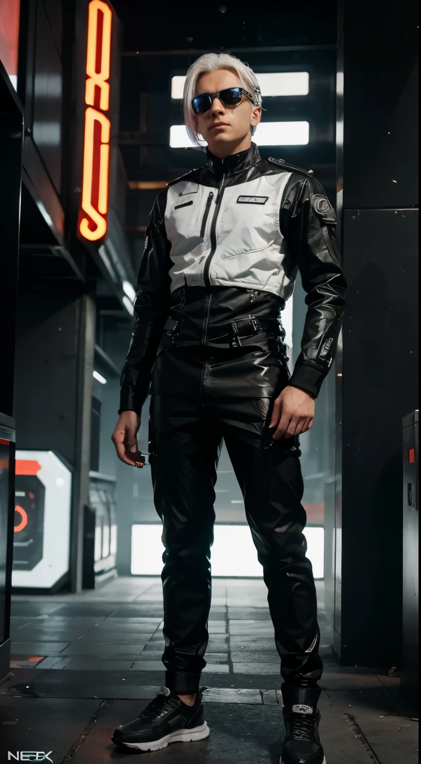 a young man with intense white hair, donning futuristic goggles, standing casually atop the sleek "NeoTek" logo. Clad in cyberpunk military armor and cyborg shoes, he blends seamlessly into the futuristic scene. In the background, bustling crowds of people add depth to the setting, while a social media profile page displays the username "[SaddamHussain]," hinting at intrigue within this cyberpunk world.