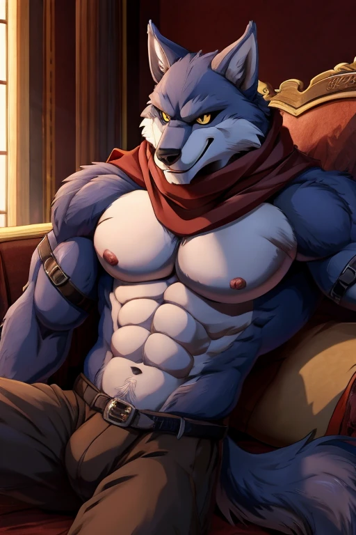 bergamo,werewolf,male,aldult,alone,4K,best quality,full-body shot,looking at the audience,hairy body,Upper body exposed,bare chest,,furry tail,chest muscles,chest muscles上有乳头,pink nipples,Six-pack abs, biceps, 弯曲biceps, anatomically correct,Delicate fur,pride,soft shadow,majestic,Detailed face,High quality eyes,golden eyes,black pupils,Sharp eyes,Grandiose,brave,Confident smile,Strong,mature,躺在sofa上,lying down,Red panties,red scarf,Room,sofa,Blue sky and white clouds,Sunlight