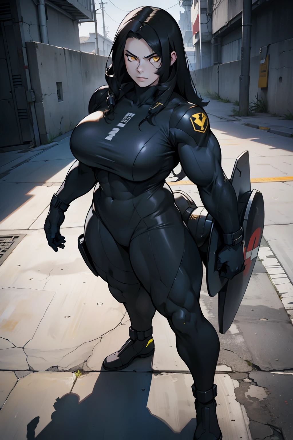 1 girl, black hair, yellow eyes, very long hair, pale skin, ((((extremely muscular)))), large breasts, curvy, concrete, shadow, dark atmosphere, (pilot suit)