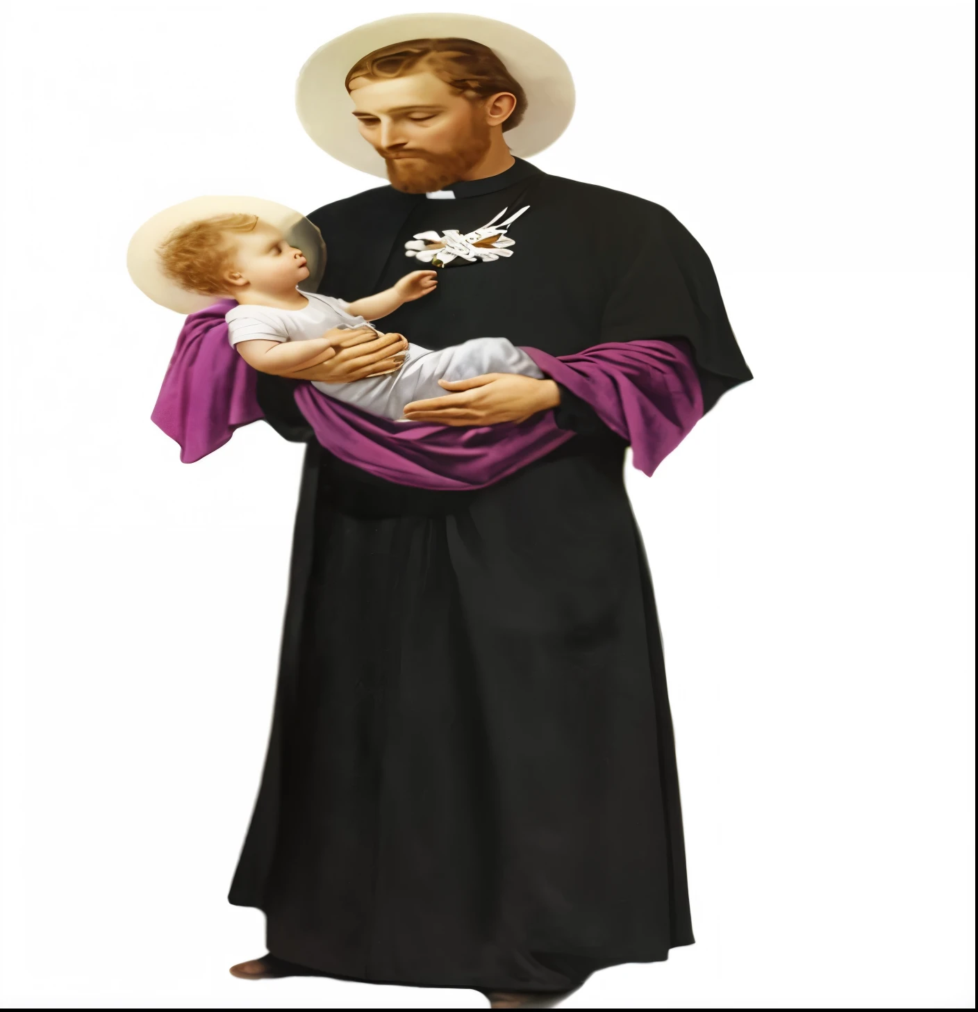 a man in a black robe holding a baby in his arms, com jesus, santo, Catholic.