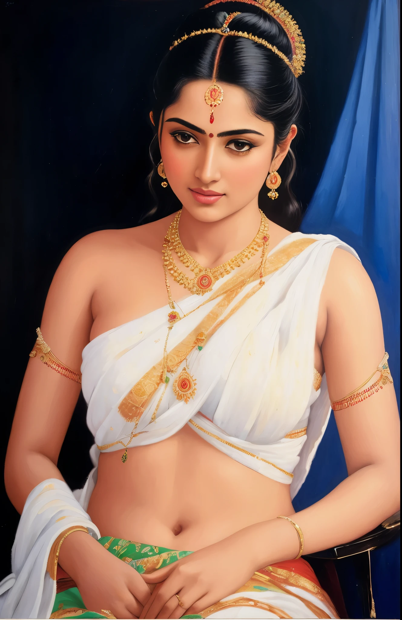 Looks like Nayanthara, exotic Indian art, inspired by oviyar maruthi style painting, inspired by mohanan manimala, Full figured beautiful woman, Apsara, Masterpiece, Beautiful Thick Woman, Best quality, high clarity eyes, critically flawless,sharp picture, Full portrait, High pixels, perfect face, perfect eyes, beautiful face, perfect hands,perfect fingers, in Peter Paul Rubens style, by Peter Paul Rubens, baroque style, acrylic on canvas, highly detailed, description: "Create a nymph inspired by the tales of Greek or Roman mythology, embodying the essence of a natural element or location, and possessing a unique ability or trait that sets her apart."