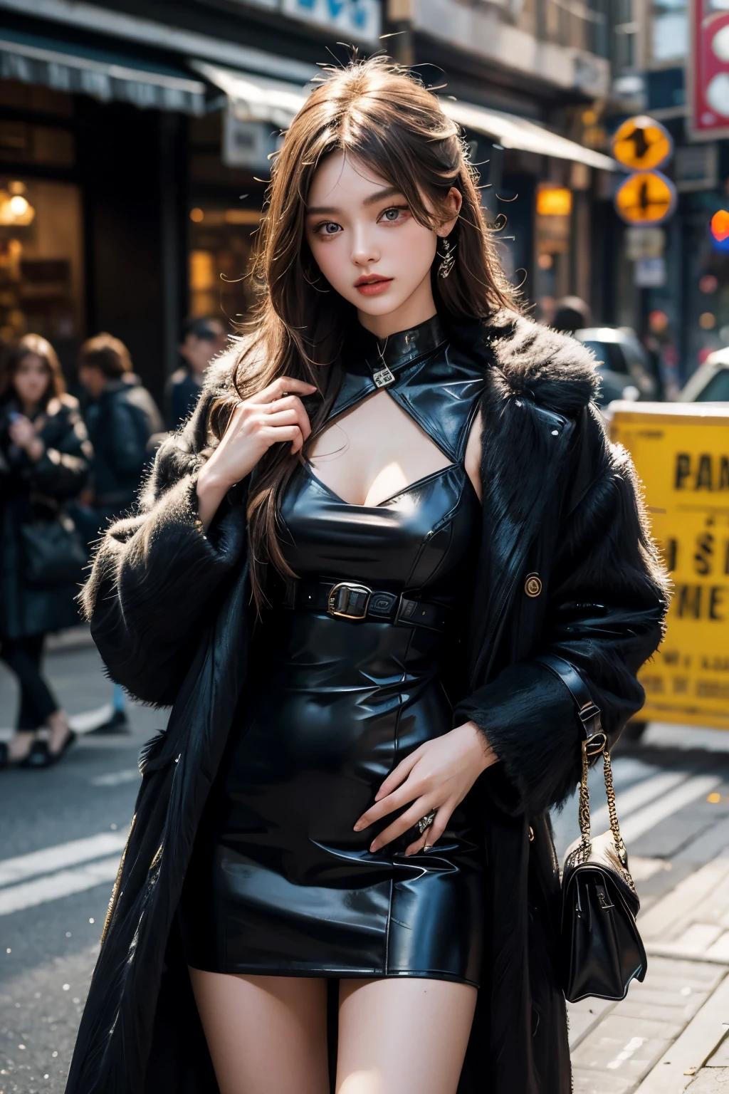 (best qualtiy,tmasterpiece,超高分辨率),(realisticlying:1.4),1girll,From head to knee,adult face,Slim,(shiny skins),(contours,frontage,eventide),whaite hair,long whitr hair,黑The eye,(big cleavage breasts),Top fashion,((White plush coat)),(nevando:1.5,pedestrian street,The city in winter),(Clear eyes,(Clear nose,(Clear lips)),(Ultra-realistic textile textures),