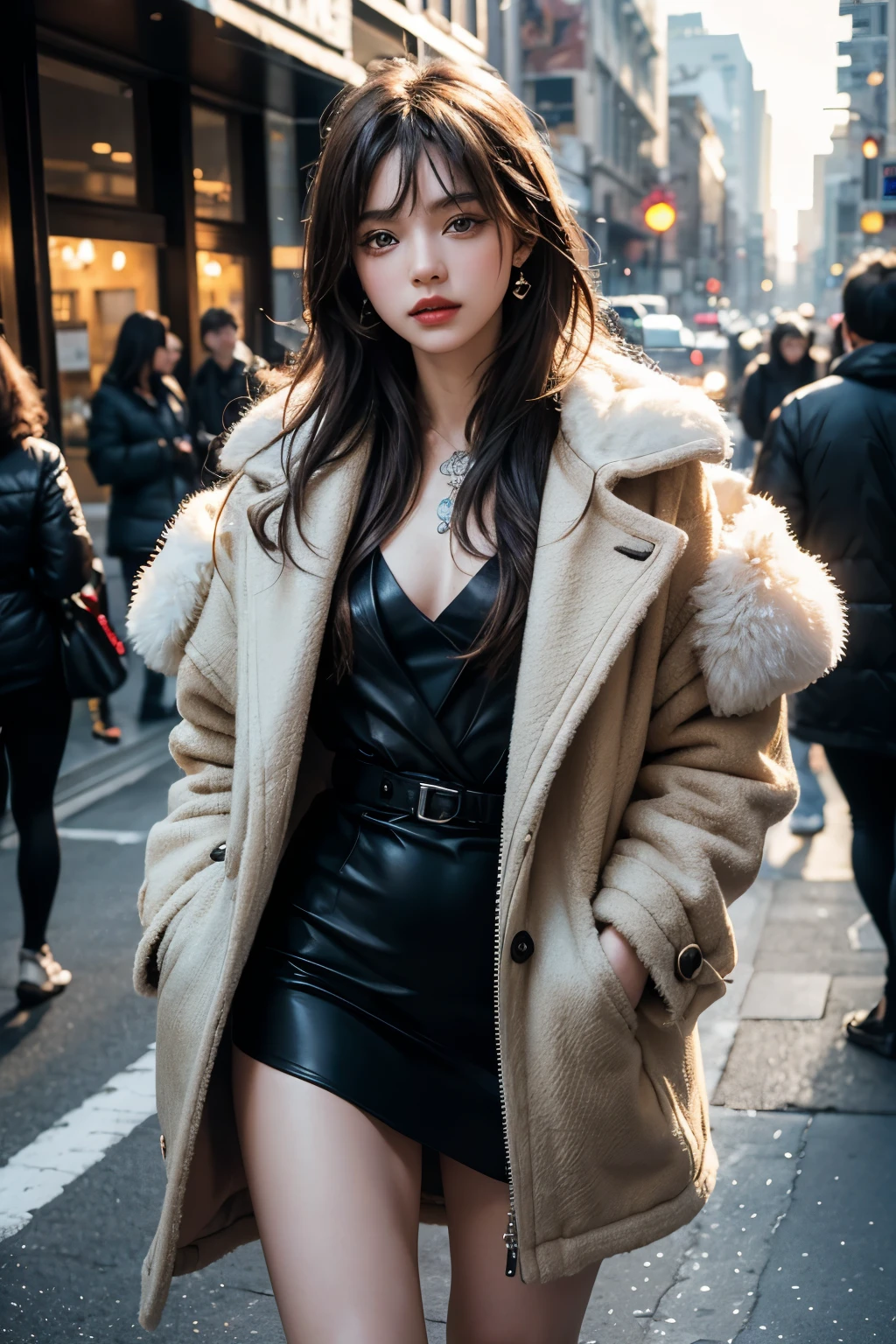 (realistic:1.3), finely detailed, quality, rembrandt lighting, (masterpiece:1.2), (photorealistic:1.2), (best quality), (detailed skin:1.3), (intricate details), dramatic, ray tracing, 1girl, japanese girl, 21 years old, detailed skin texture, (blush:0.5), (goosebumps:0.5), subsurface scattering, smiling, medium breasts, updo hair, bangs, hair between eyes, (wearing oversized_fur:1.4), blouse, pencil skirt, pantyhose, cowboy shot, (night, outdoors, winter scene, light snow, snow covered ground, (christmas tree, christmas lighting, christmas decorations:1.2), tokyo), <lora:oversized_fur-10:0.5>