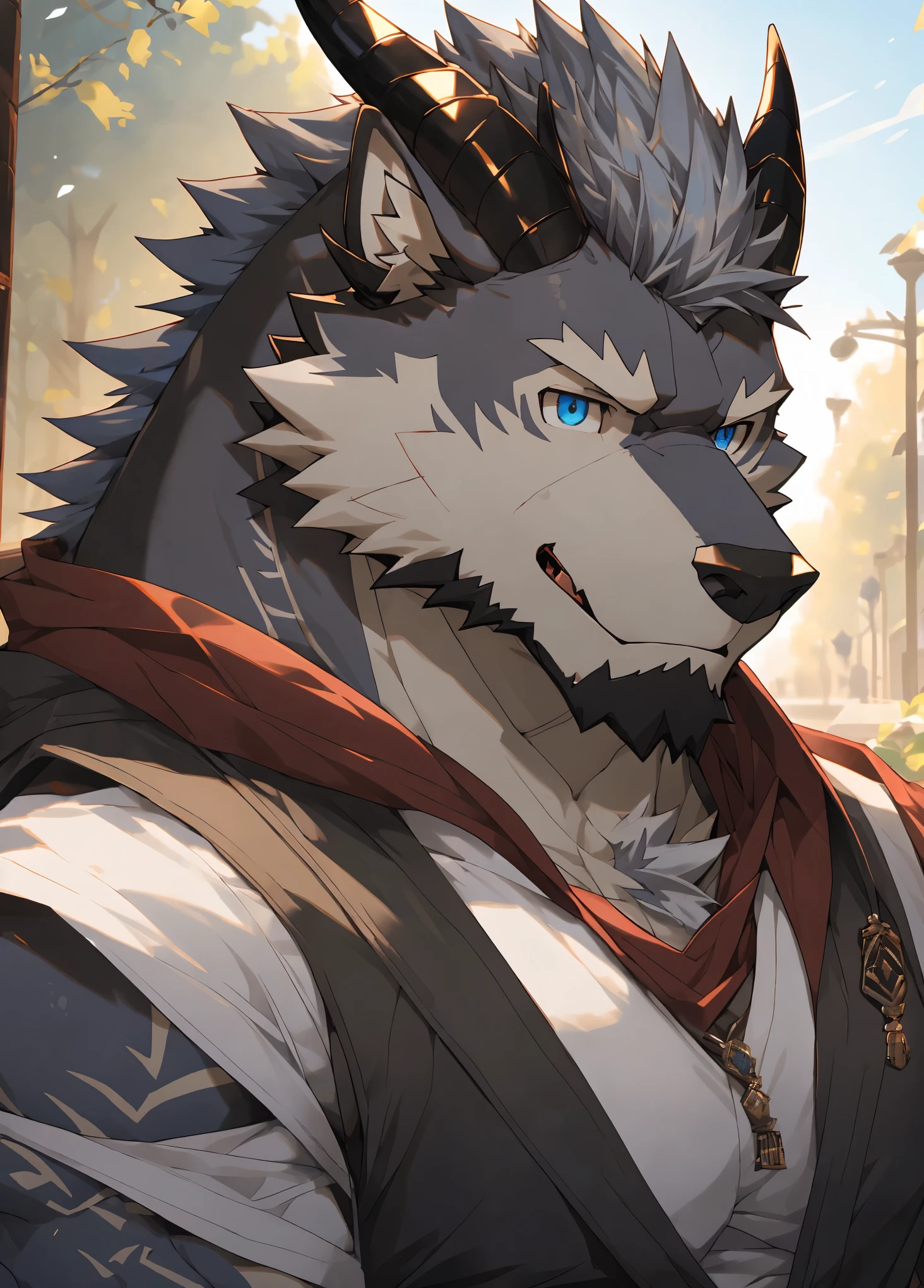 (masterpiece),Very detailed,(best quality),hairy,Wolf,male,dragon scale,Black dragon horn,blue eyes,Gray hair,尾巴hairy的,There is blood on the left eye,Be honest and honest,Handsome,8k,(high quality)