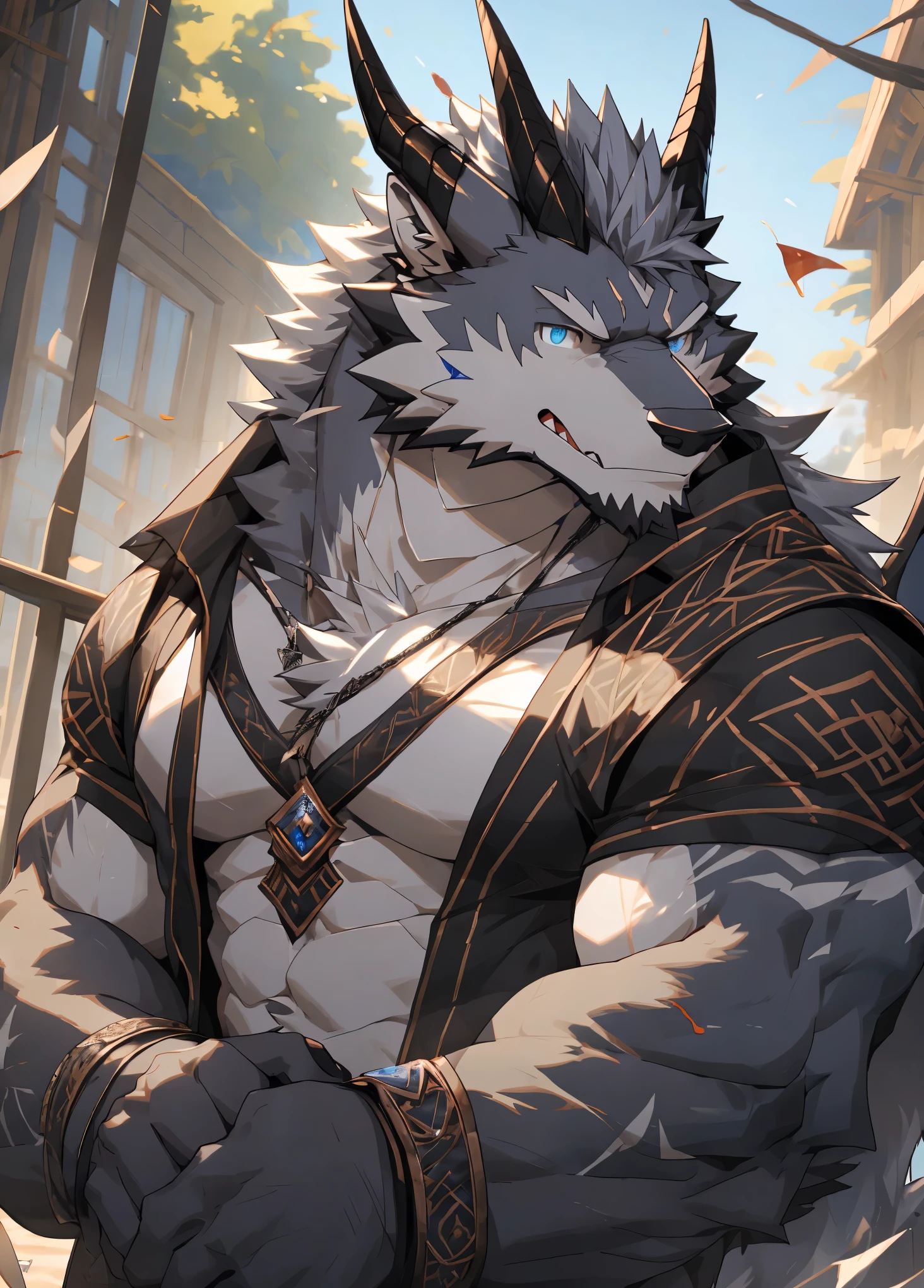 (masterpiece)，Very detailed，(best quality)，hairy，Wolf，male，dragon scale，Black dragon horn，blue eyes，Gray hair，尾巴hairy的，There is blood on the left eye，Be honest and honest，Handsome，8k，(high quality)