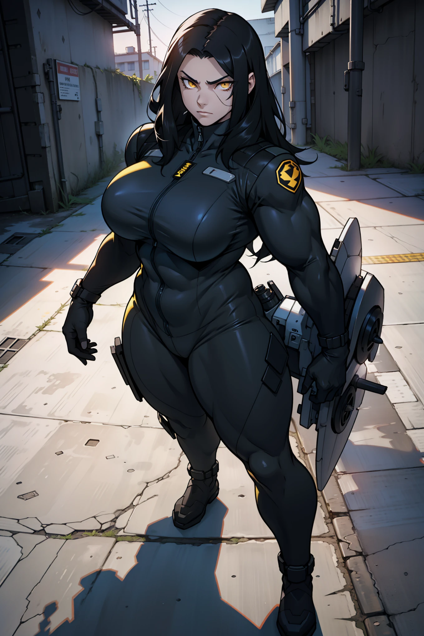 1 girl, black hair, yellow eyes, very long hair, pale skin, ((((extremely muscular)))), large breasts, curvy, concrete, shadow, dark atmosphere, (pilot suit)