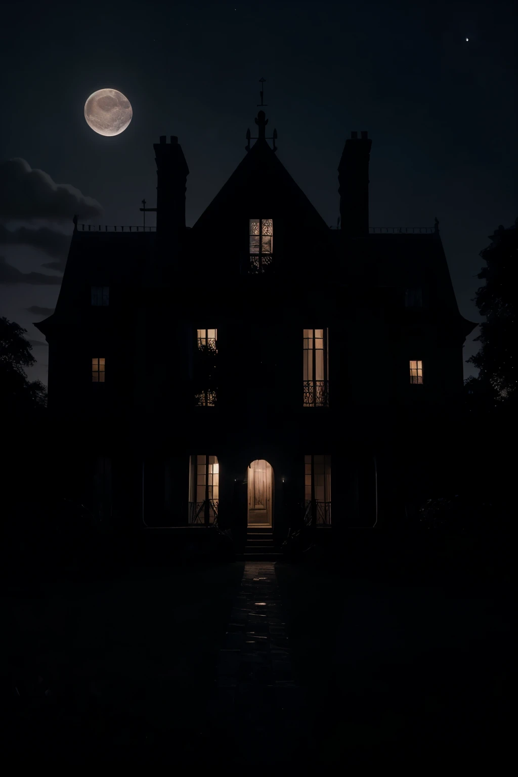 hazme una portada para una historia de terror y amor con esta informacion Una noche oscura y tormentosa, con una luna llena brillando entre las nubes. On the horizon you can see the silhouette of an old and dark mansion, surrounded by twisted trees.